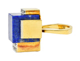 Dutch Modernist Lapis Lazuli Diamond Platinum 18 Karat Gold Vintage Cube Ring