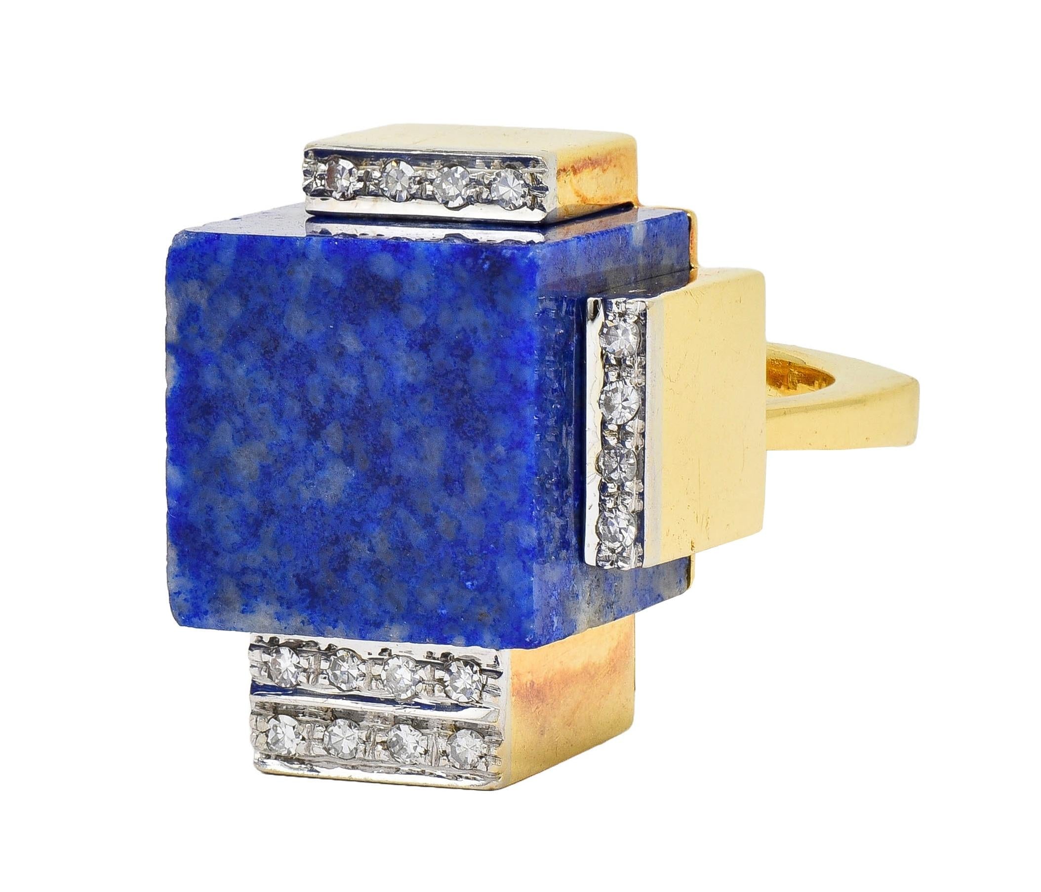 Dutch Modernist Lapis Lazuli Diamond Platinum 18 Karat Gold Vintage Cube Ring