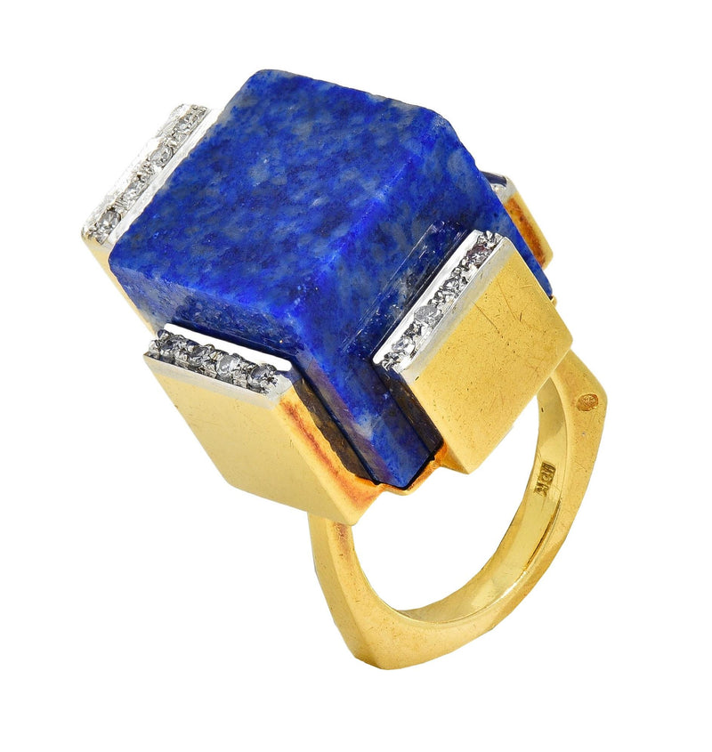 Dutch Modernist Lapis Lazuli Diamond Platinum 18 Karat Gold Vintage Cube Ring