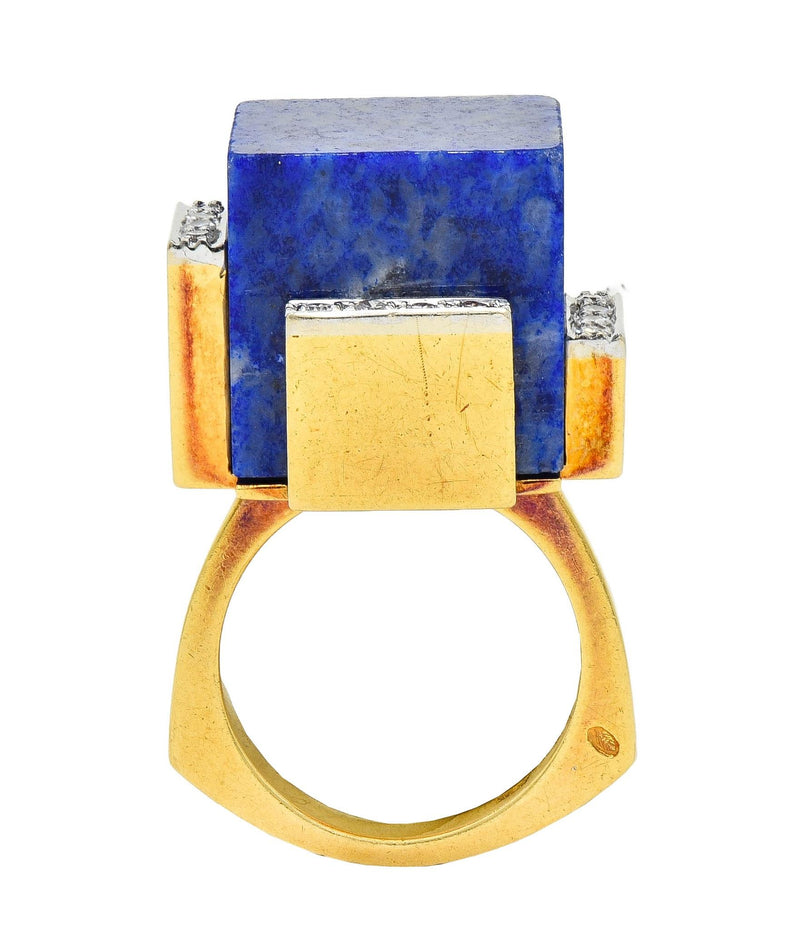 Dutch Modernist Lapis Lazuli Diamond Platinum 18 Karat Gold Vintage Cube Ring