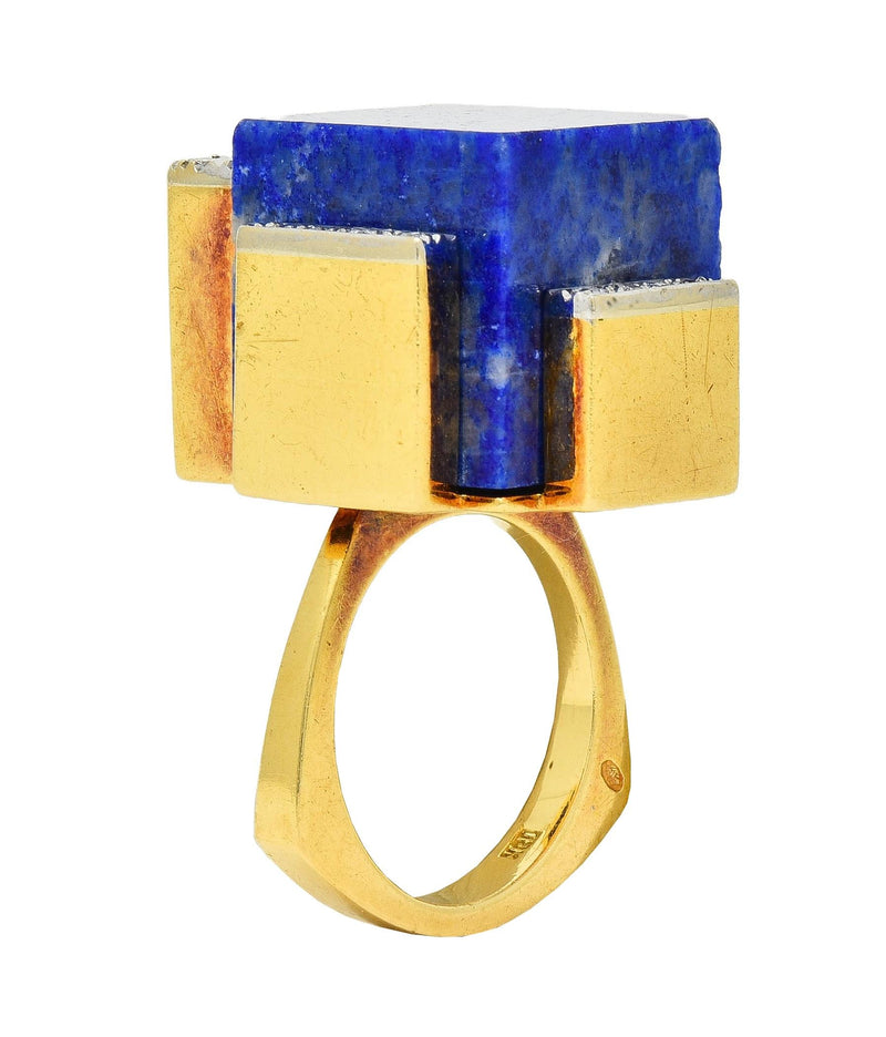 Dutch Modernist Lapis Lazuli Diamond Platinum 18 Karat Gold Vintage Cube Ring