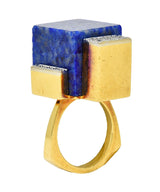 Dutch Modernist Lapis Lazuli Diamond Platinum 18 Karat Gold Vintage Cube Ring