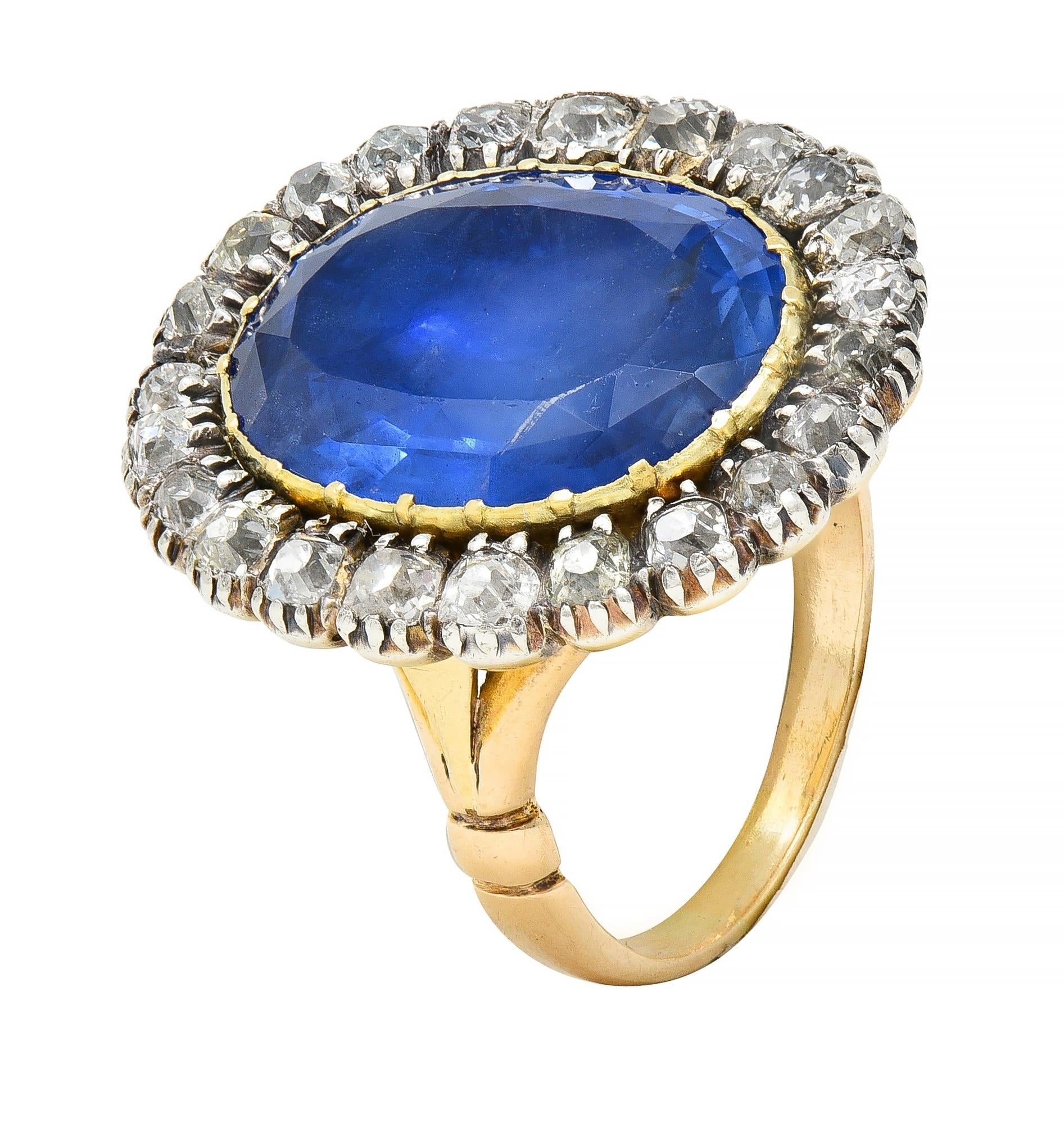 Georgian 13.01 CTW No Heat Burma Sapphire Diamond Silver 14 Karat Gold Ring