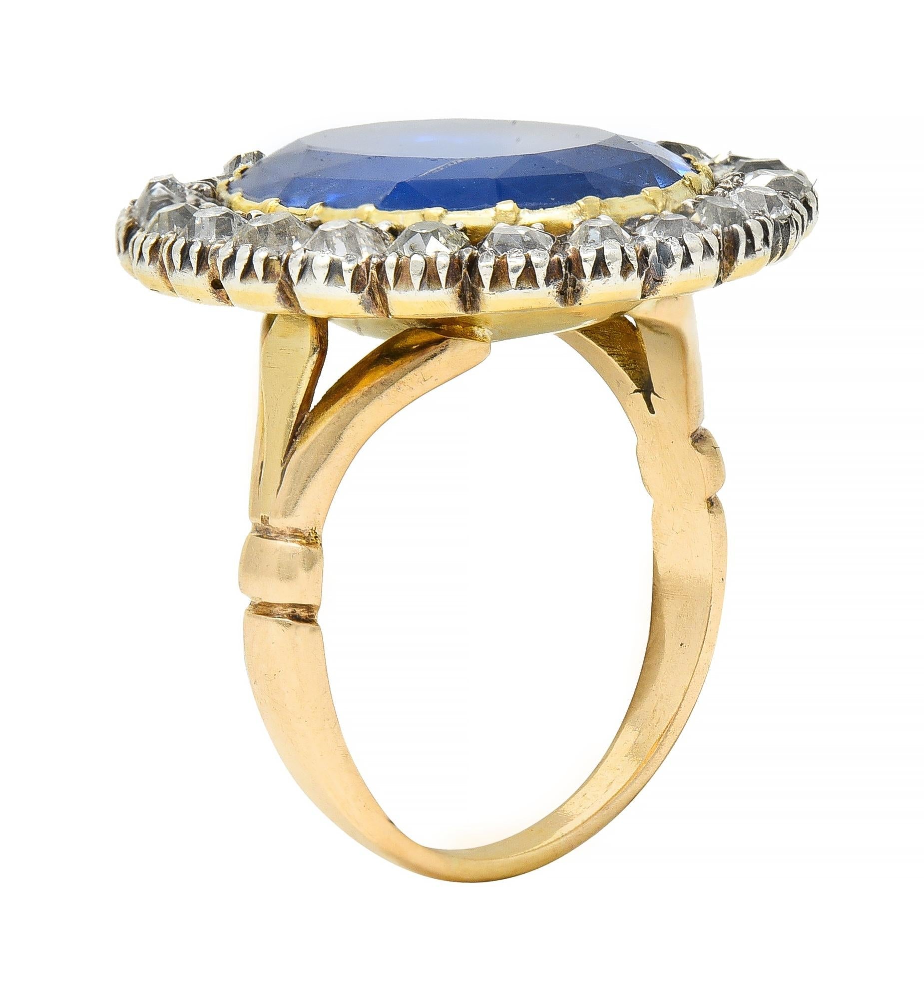 Georgian 13.01 CTW No Heat Burma Sapphire Diamond Silver 14 Karat Gold Ring