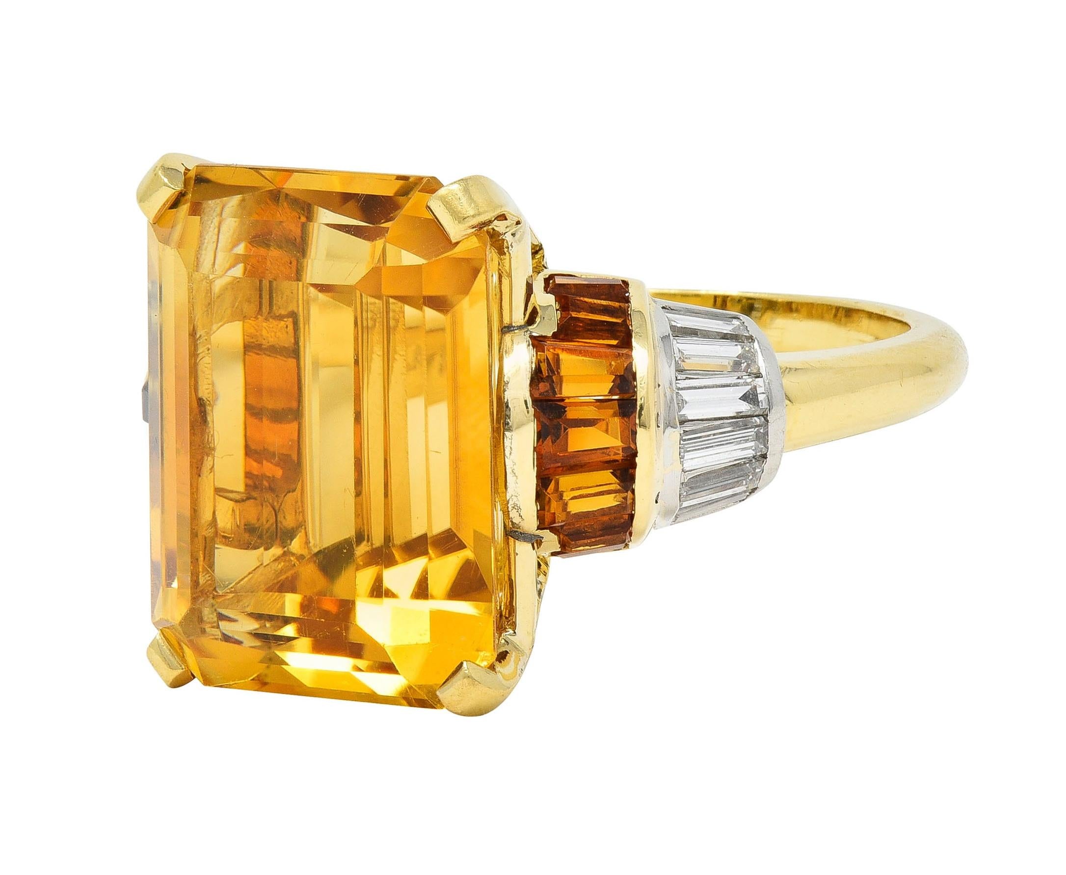 Mid-Century 14.85 CTW Citrine Diamond Platinum 18 Karat Gold Vintage Ring