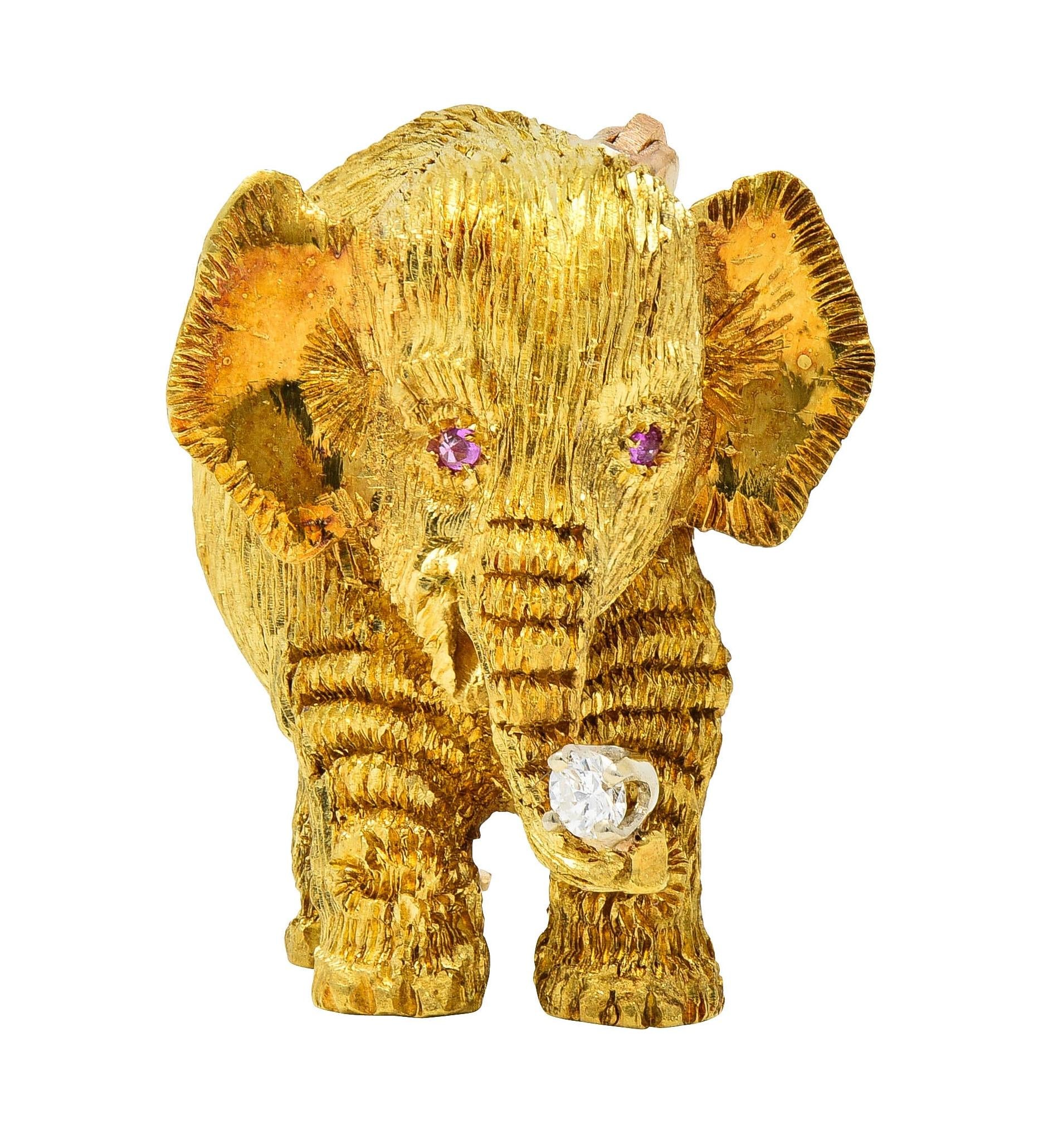 1960's Ruby Diamond 18 Karat Two-Tone Gold Vintage Elephant Brooch