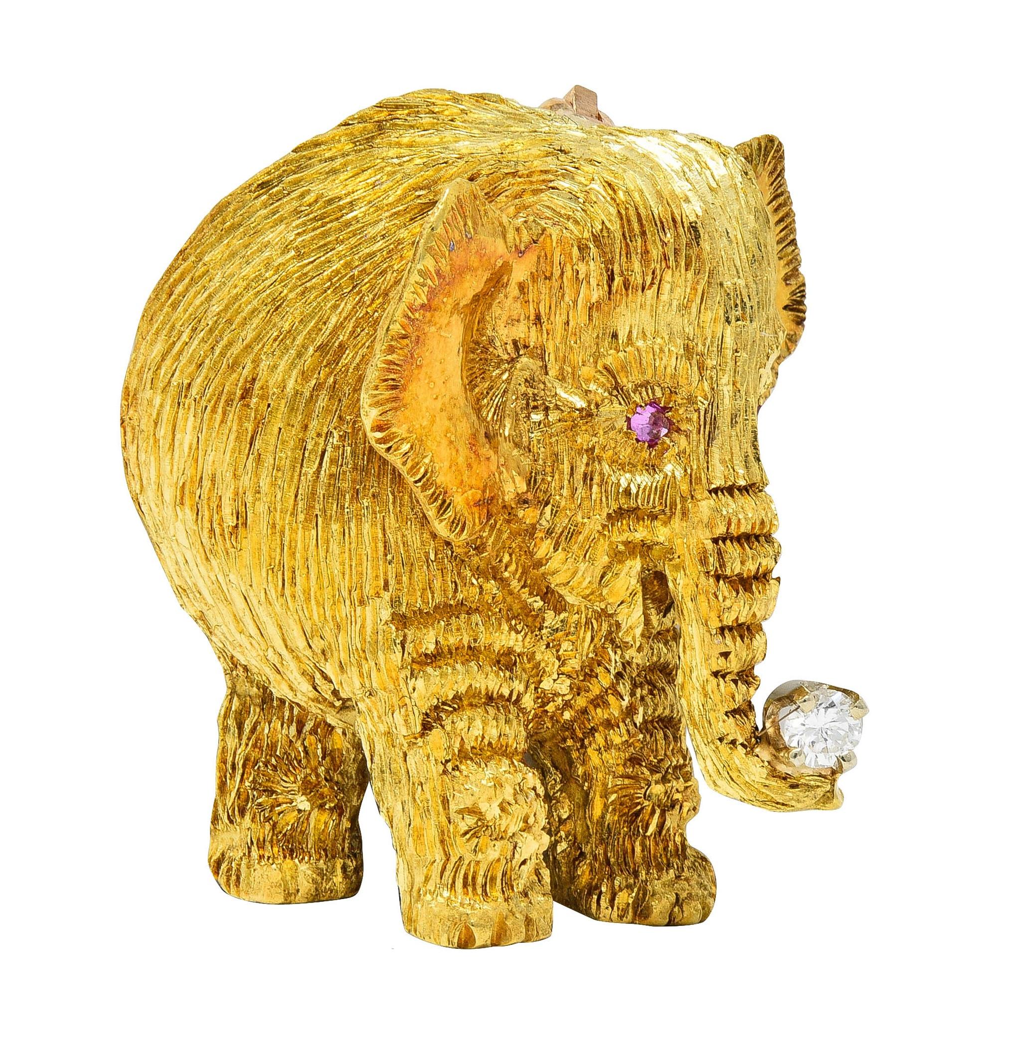 1960's Ruby Diamond 18 Karat Two-Tone Gold Vintage Elephant Brooch