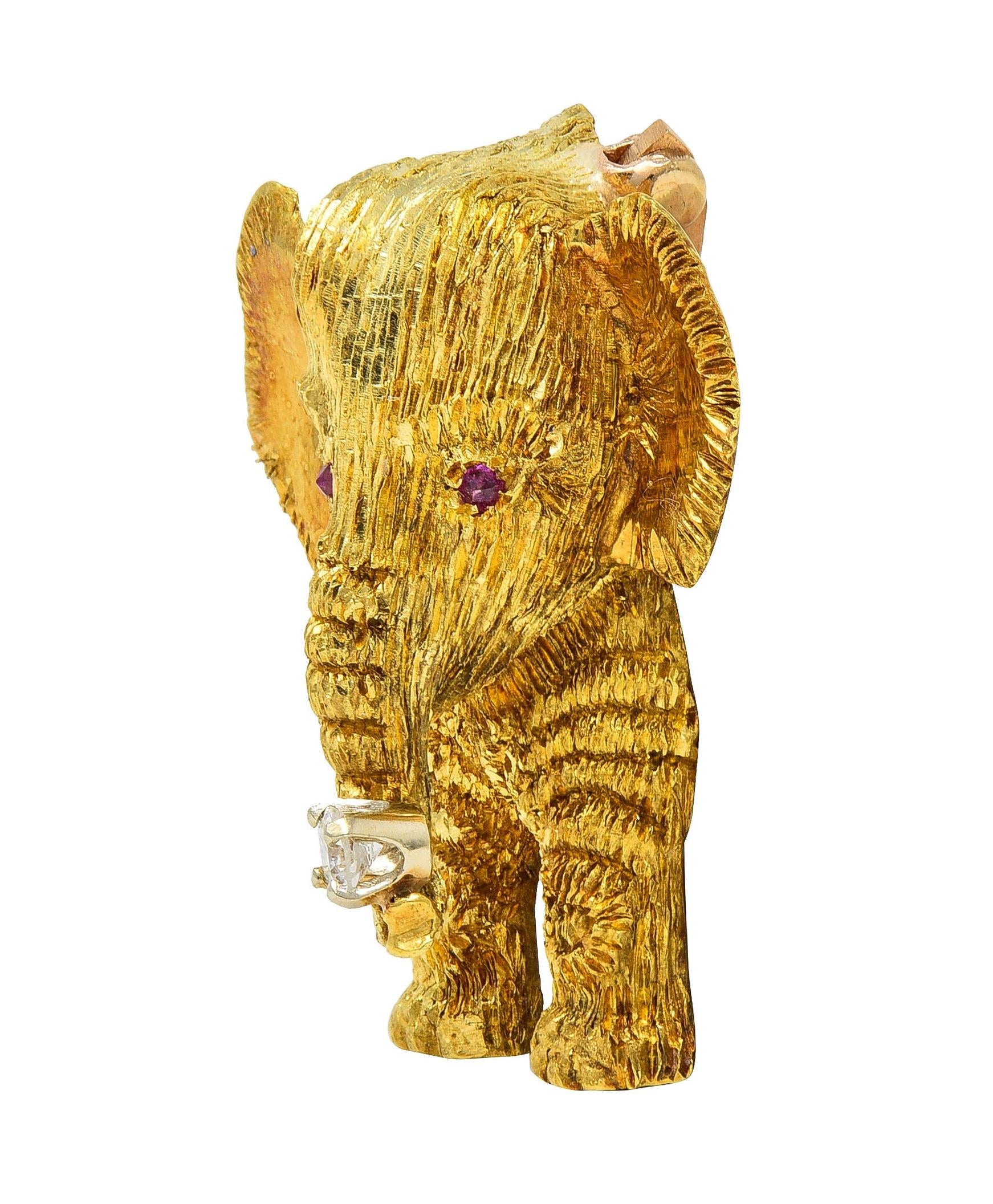 1960's Ruby Diamond 18 Karat Two-Tone Gold Vintage Elephant Brooch