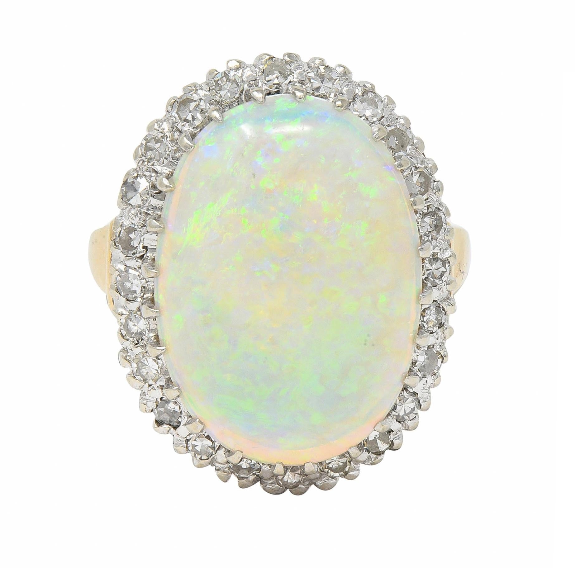 Mid-Century Diamond Opal Platinum 14 Karat Yellow Gold Vintage Halo Cluster Ring