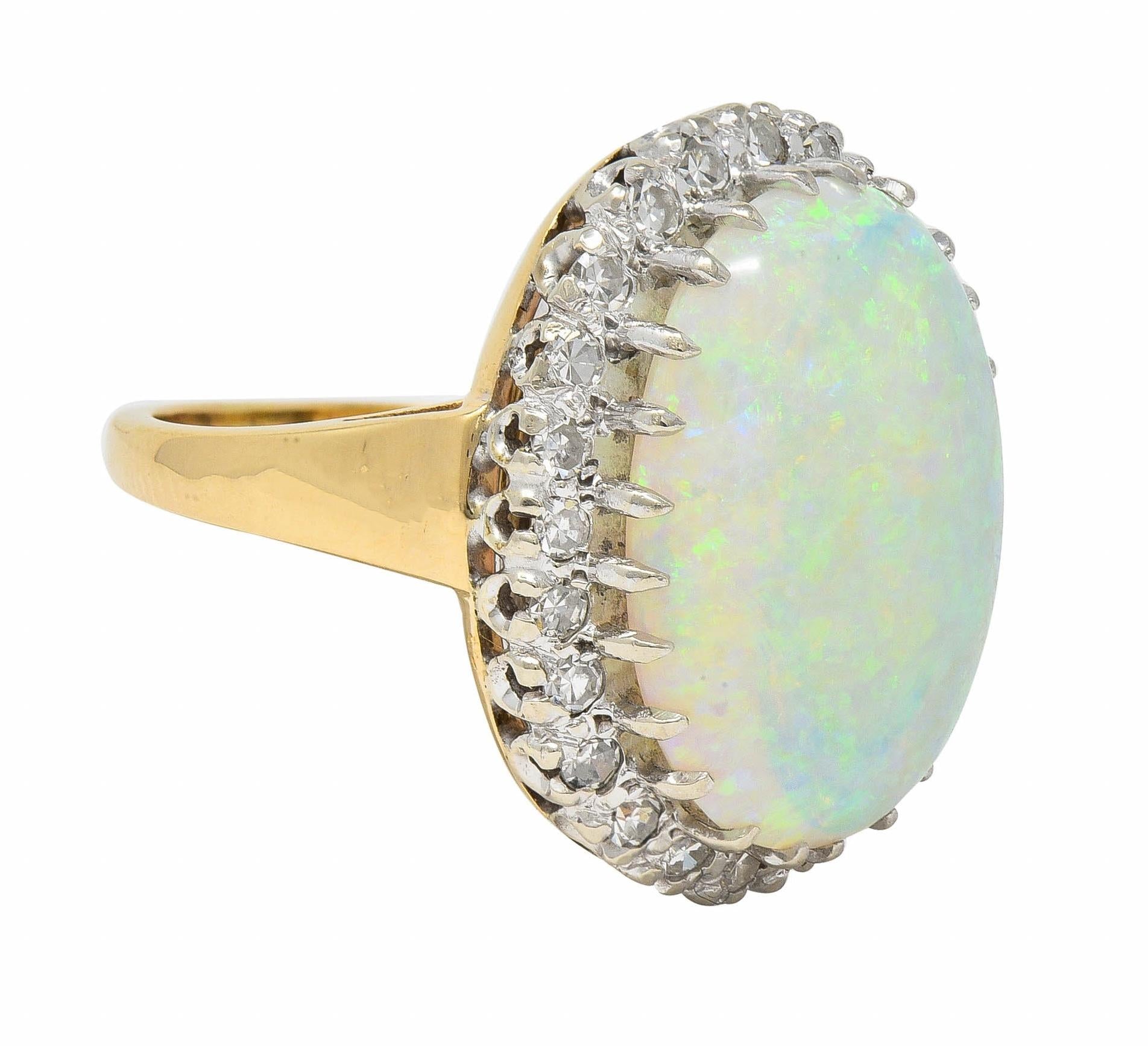 Mid-Century Diamond Opal Platinum 14 Karat Yellow Gold Vintage Halo Cluster Ring