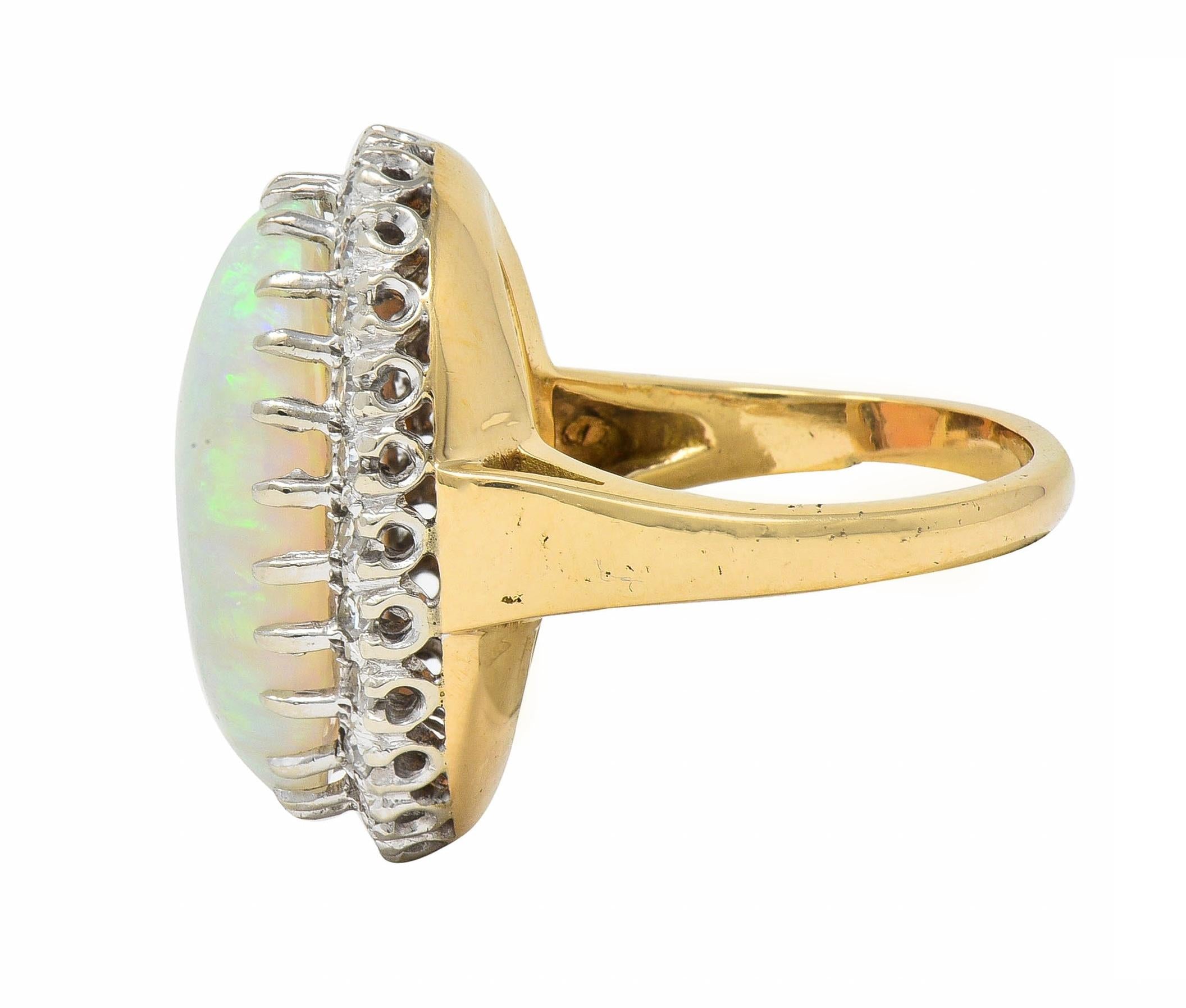 Mid-Century Diamond Opal Platinum 14 Karat Yellow Gold Vintage Halo Cluster Ring