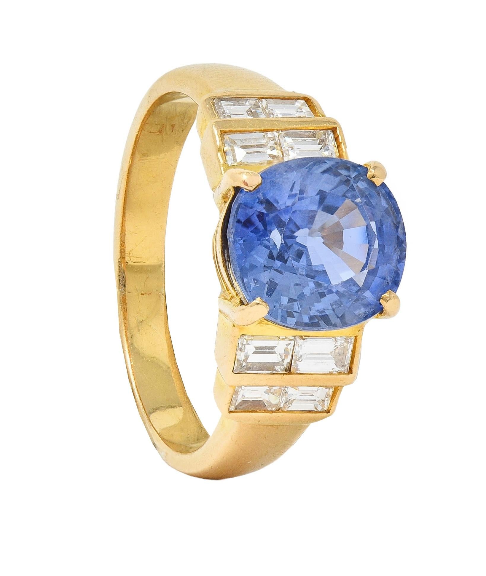 1980 4.07 CTW Ceylon Sapphire Diamond 18 Karat Yellow Gold Vintage Stepped Ring