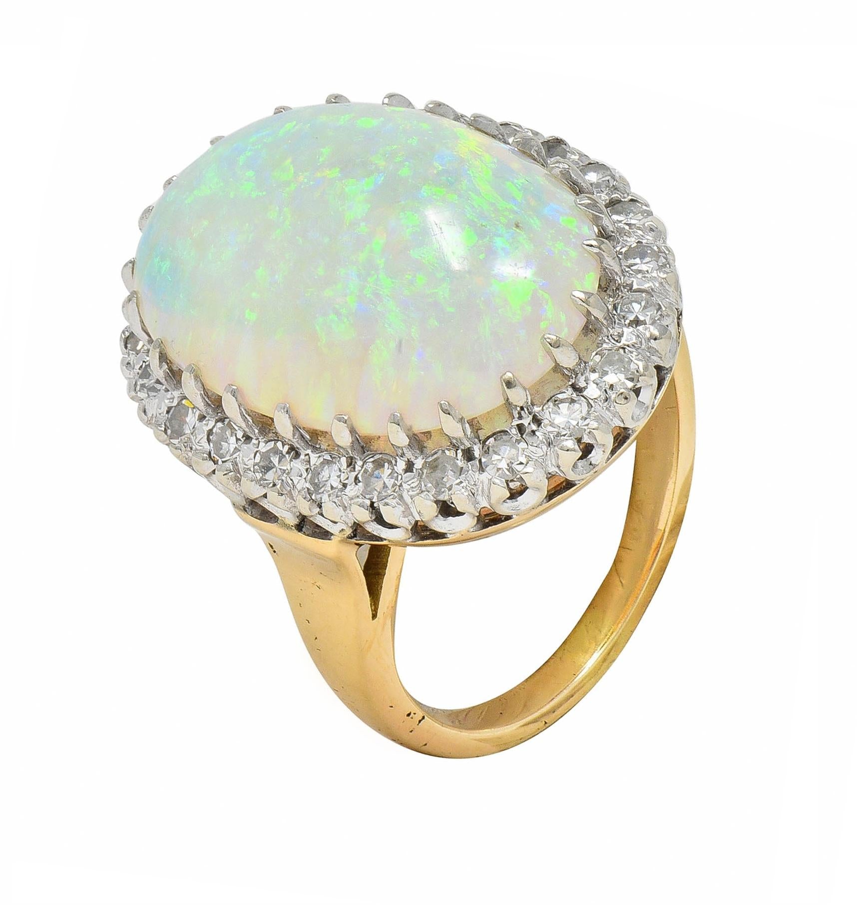 Mid-Century Diamond Opal Platinum 14 Karat Yellow Gold Vintage Halo Cluster Ring