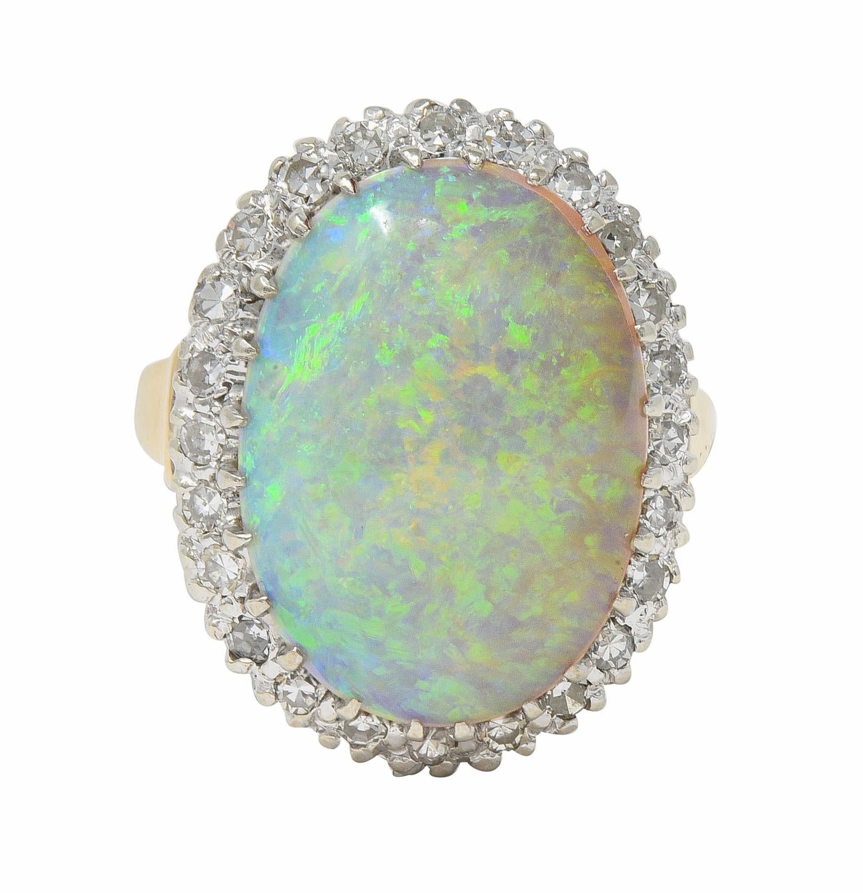 Mid-Century Diamond Opal Platinum 14 Karat Yellow Gold Vintage Halo Cluster Ring