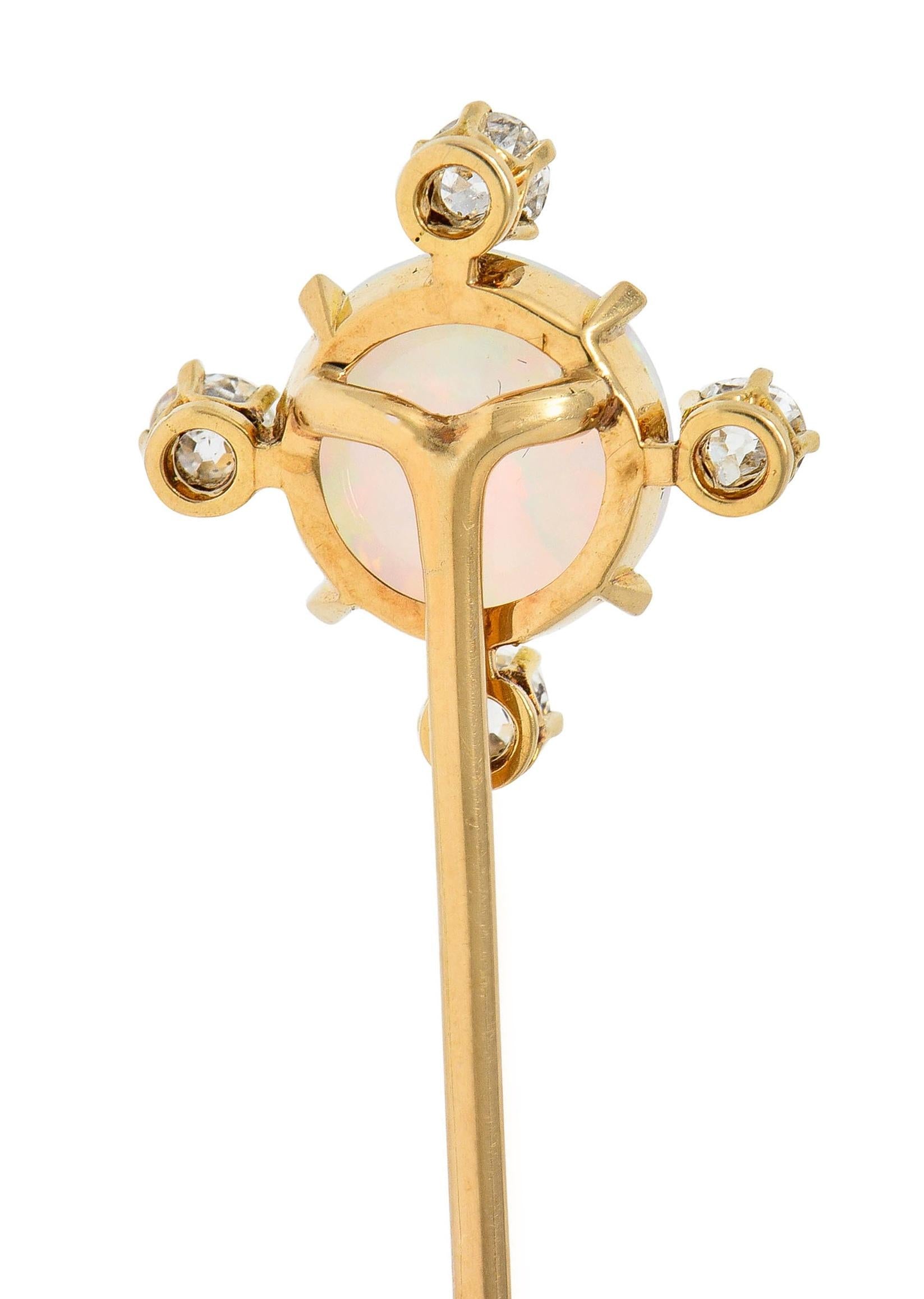 1880's Victorian Opal Diamond 18 Karat Yellow Gold Antique Quatrefoil Stickpin