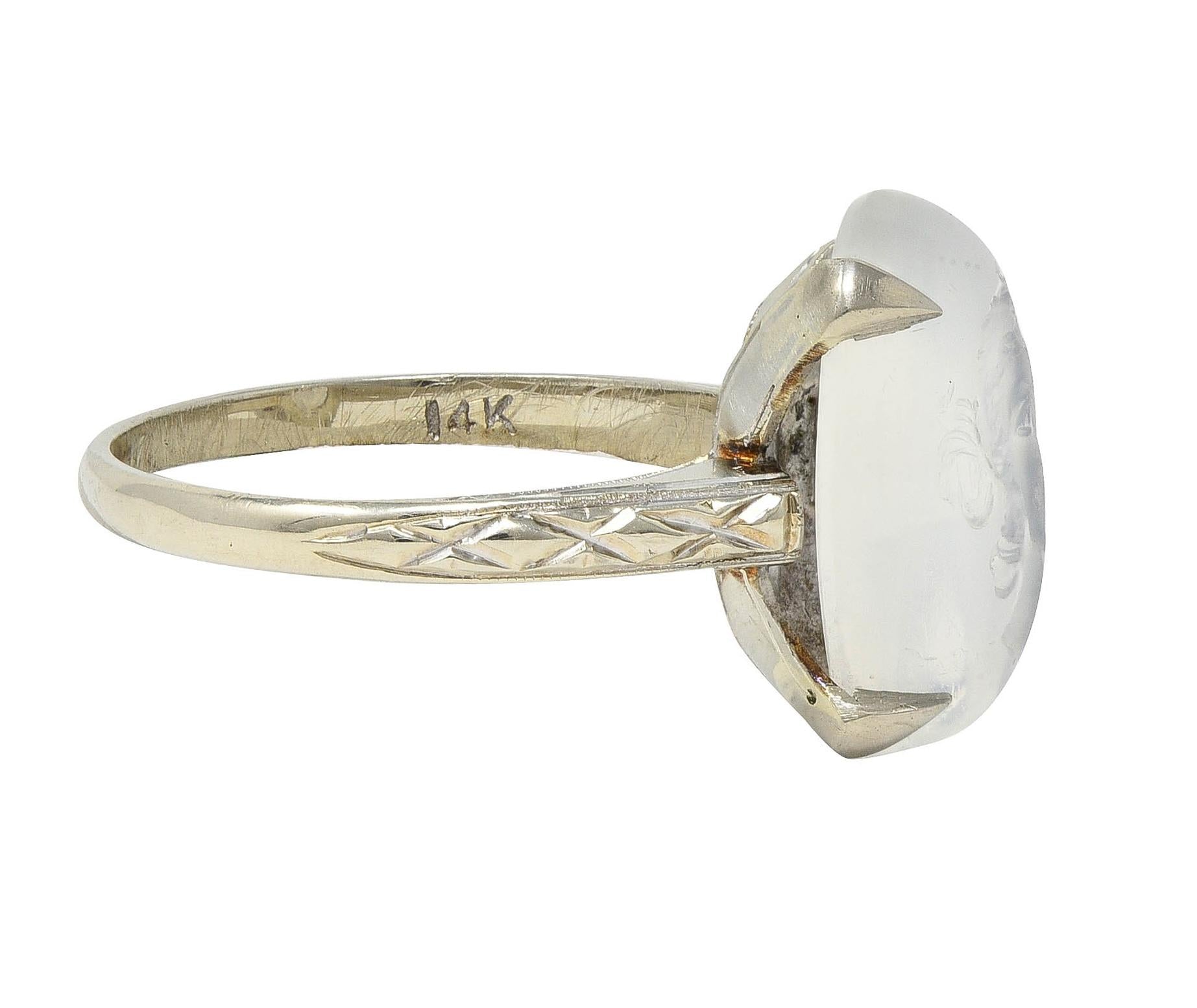 Retro 1943 Carved Moonstone 14 Karat White Gold Vintage Intaglio Ring