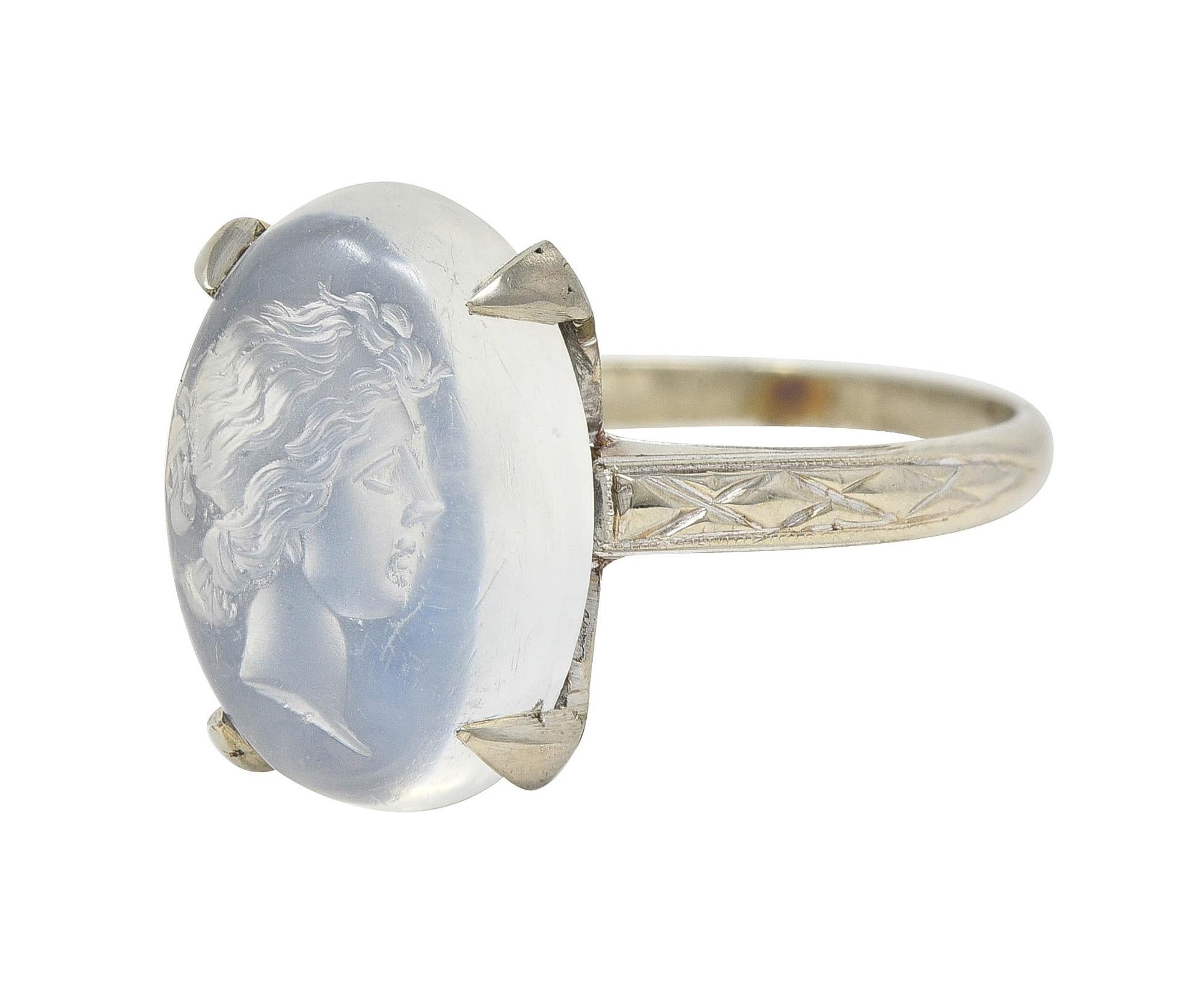 Retro 1943 Carved Moonstone 14 Karat White Gold Vintage Intaglio Ring