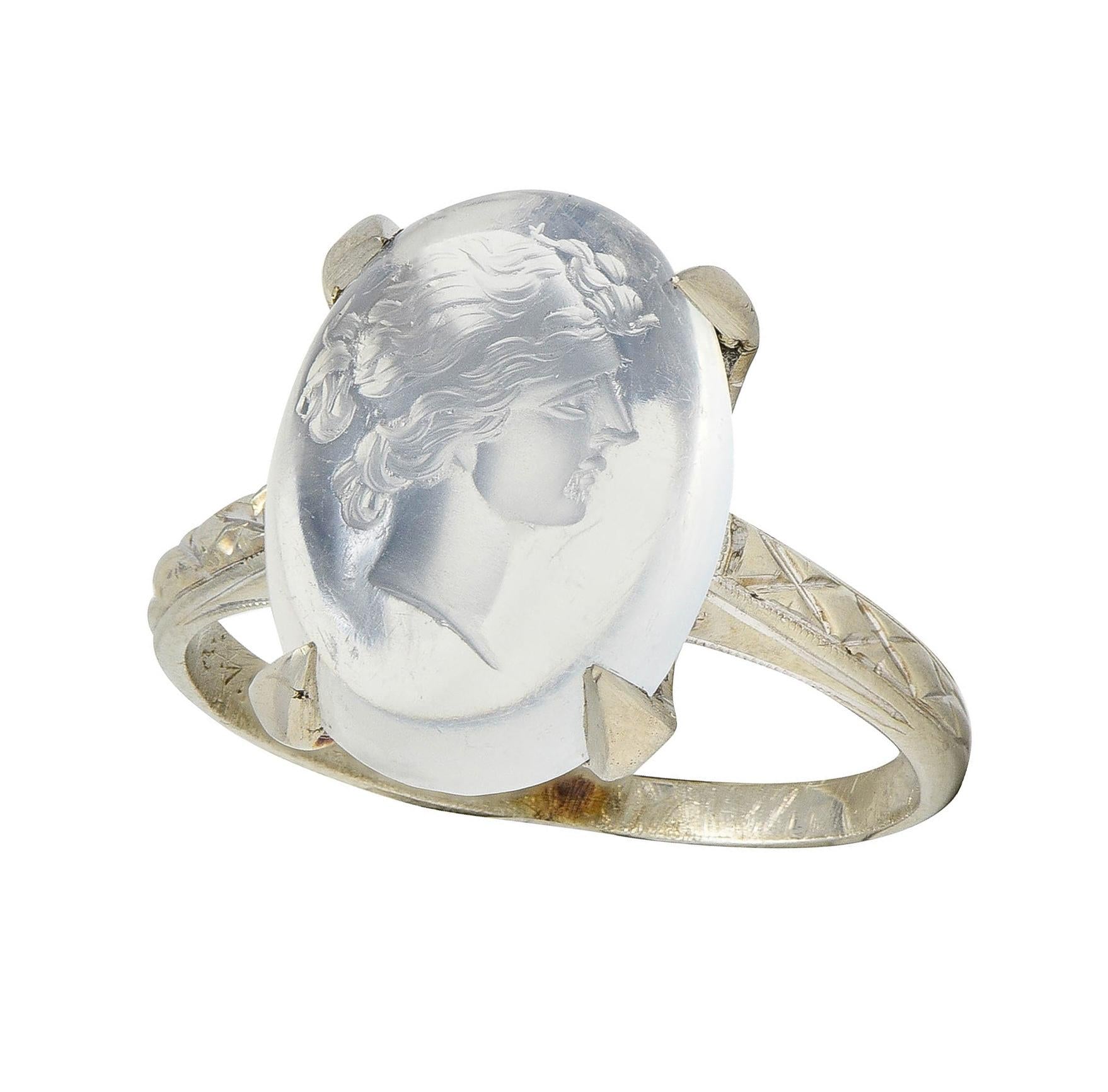 Retro 1943 Carved Moonstone 14 Karat White Gold Vintage Intaglio Ring