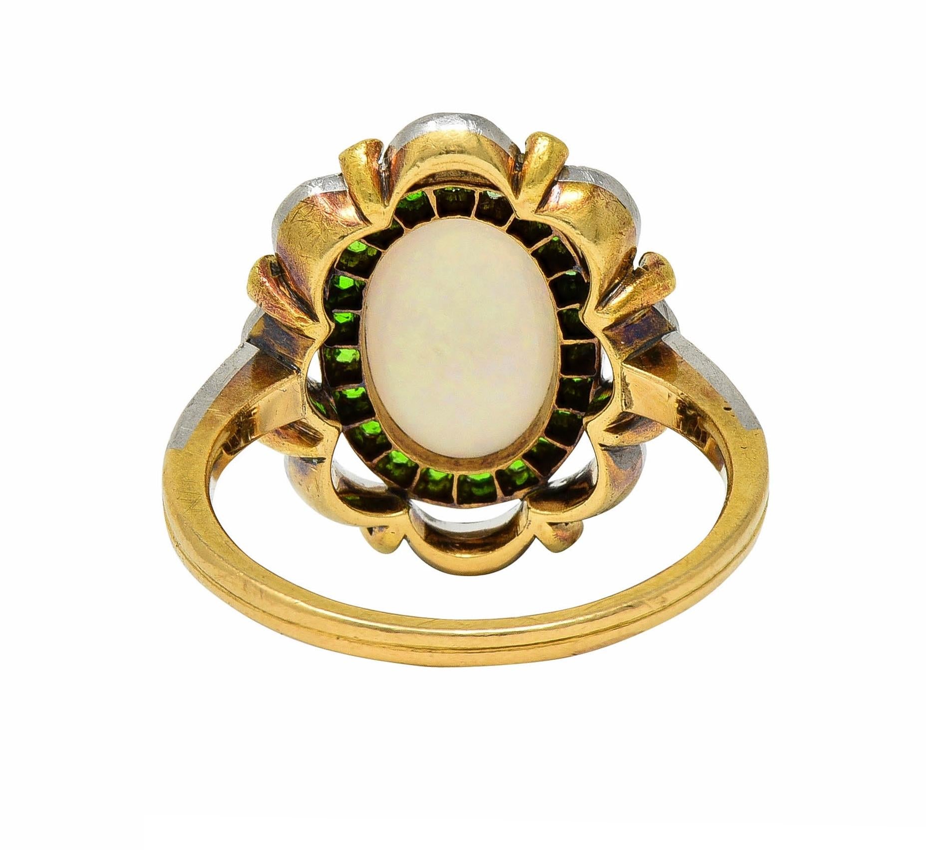 Edwardian Opal Diamond Demantoid Garnet Platinum 18 Karat Gold Antique Ring