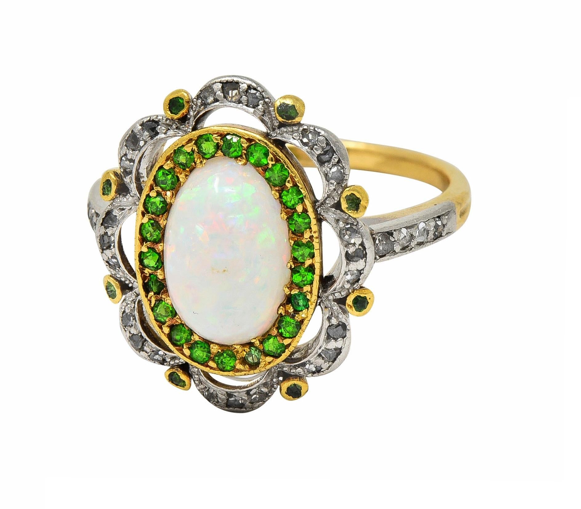 Edwardian Opal Diamond Demantoid Garnet Platinum 18 Karat Gold Antique Ring