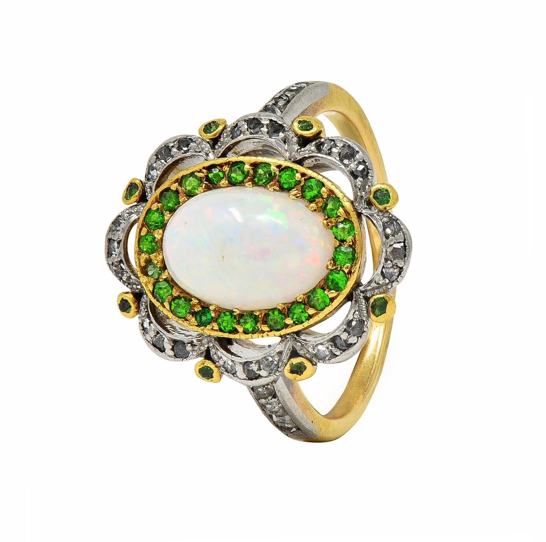 Edwardian Opal Diamond Demantoid Garnet Platinum 18 Karat Gold Antique Ring