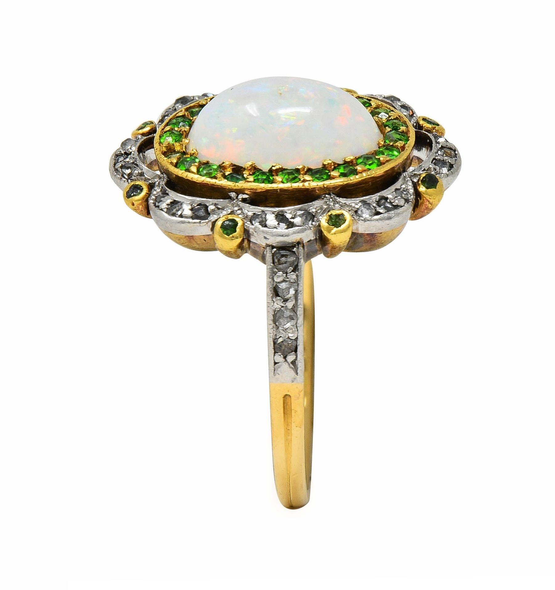 Edwardian Opal Diamond Demantoid Garnet Platinum 18 Karat Gold Antique Ring