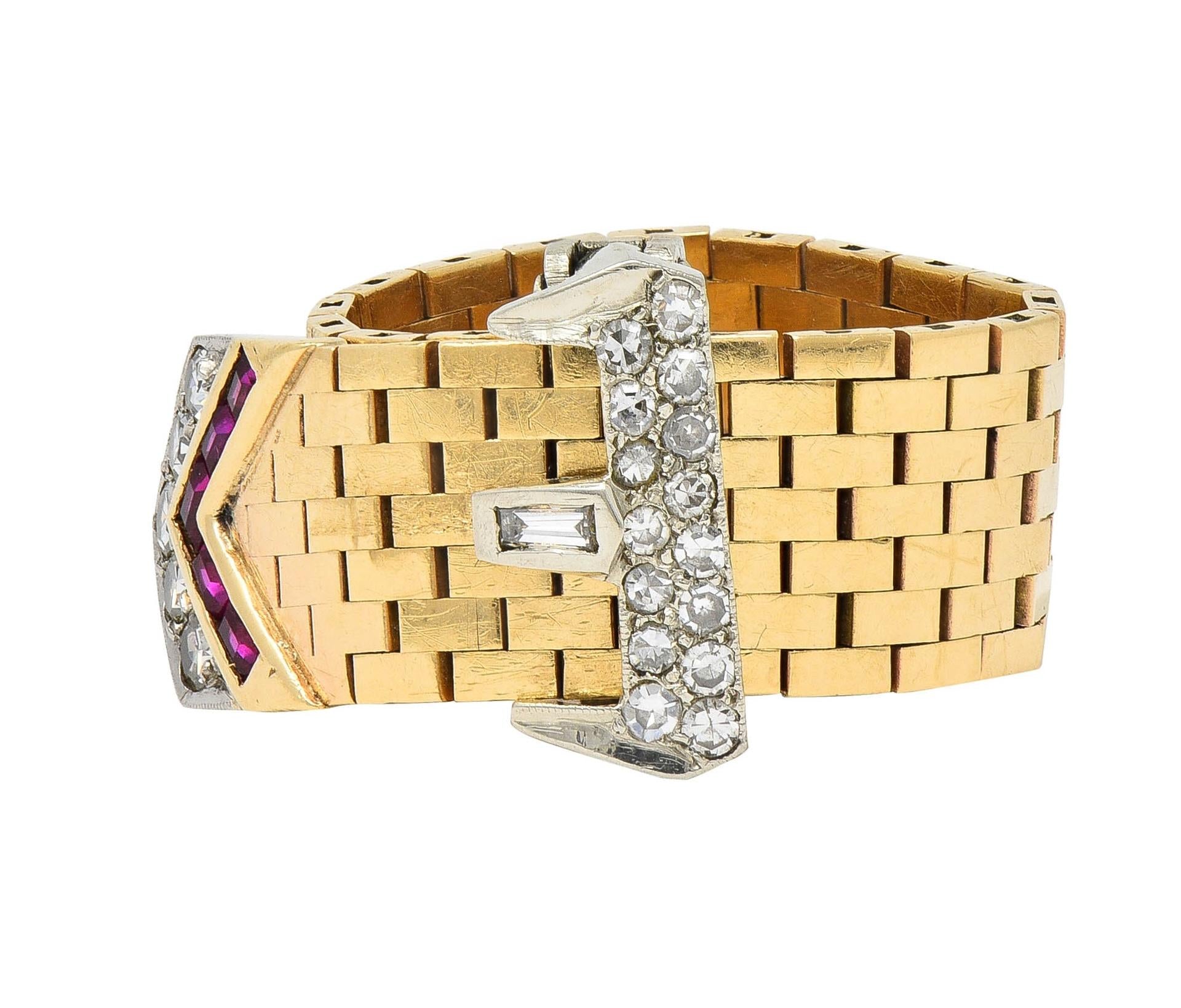 Retro 0.56 CTW Diamond 14 Karat Two-Tone Gold Vintage Mesh Buckle Ring