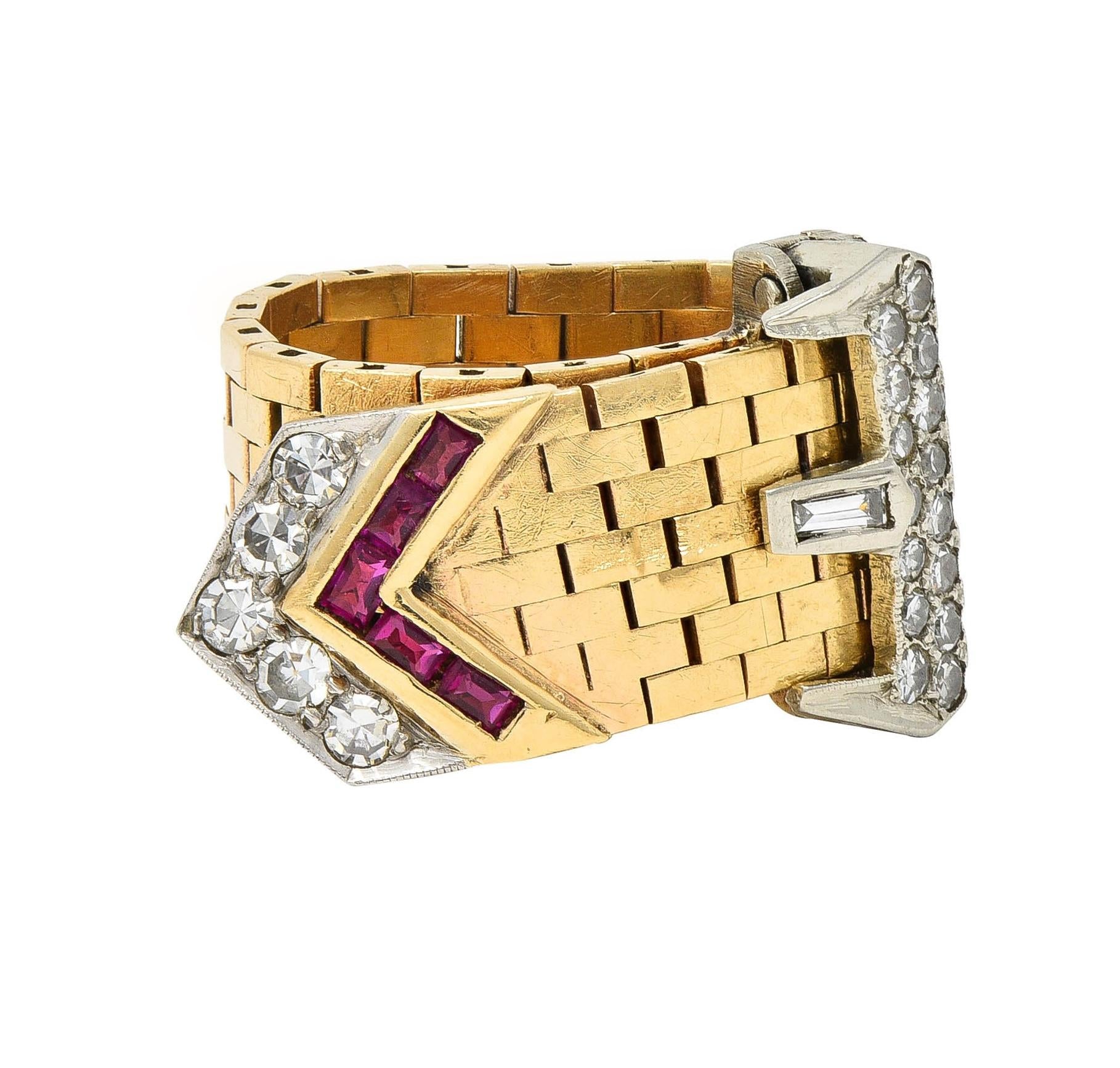 Retro 0.56 CTW Diamond 14 Karat Two-Tone Gold Vintage Mesh Buckle Ring