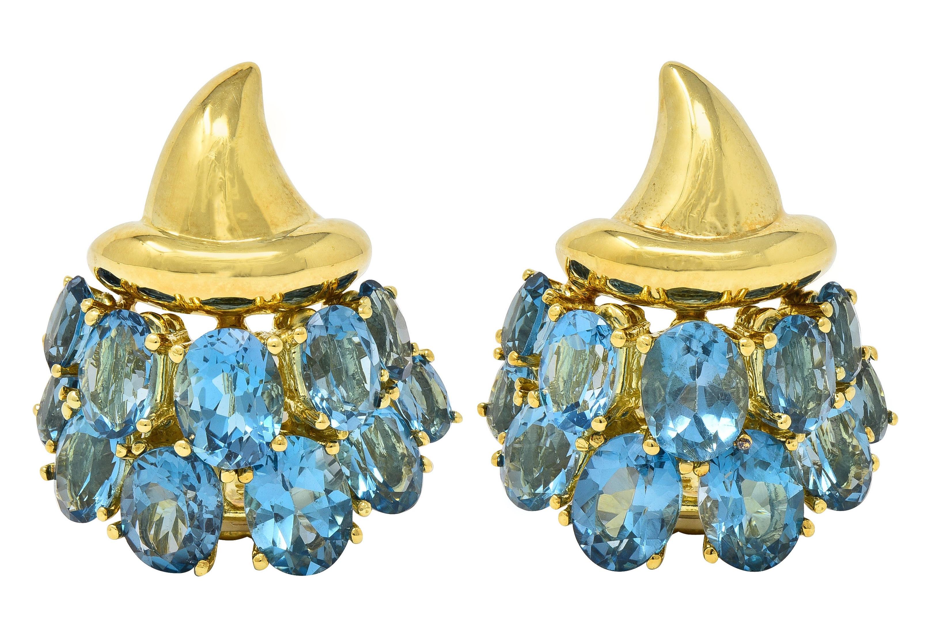 1990's Blue Topaz 18 Karat Yellow Gold Vintage Cornucopia Ear-Clip Earrings