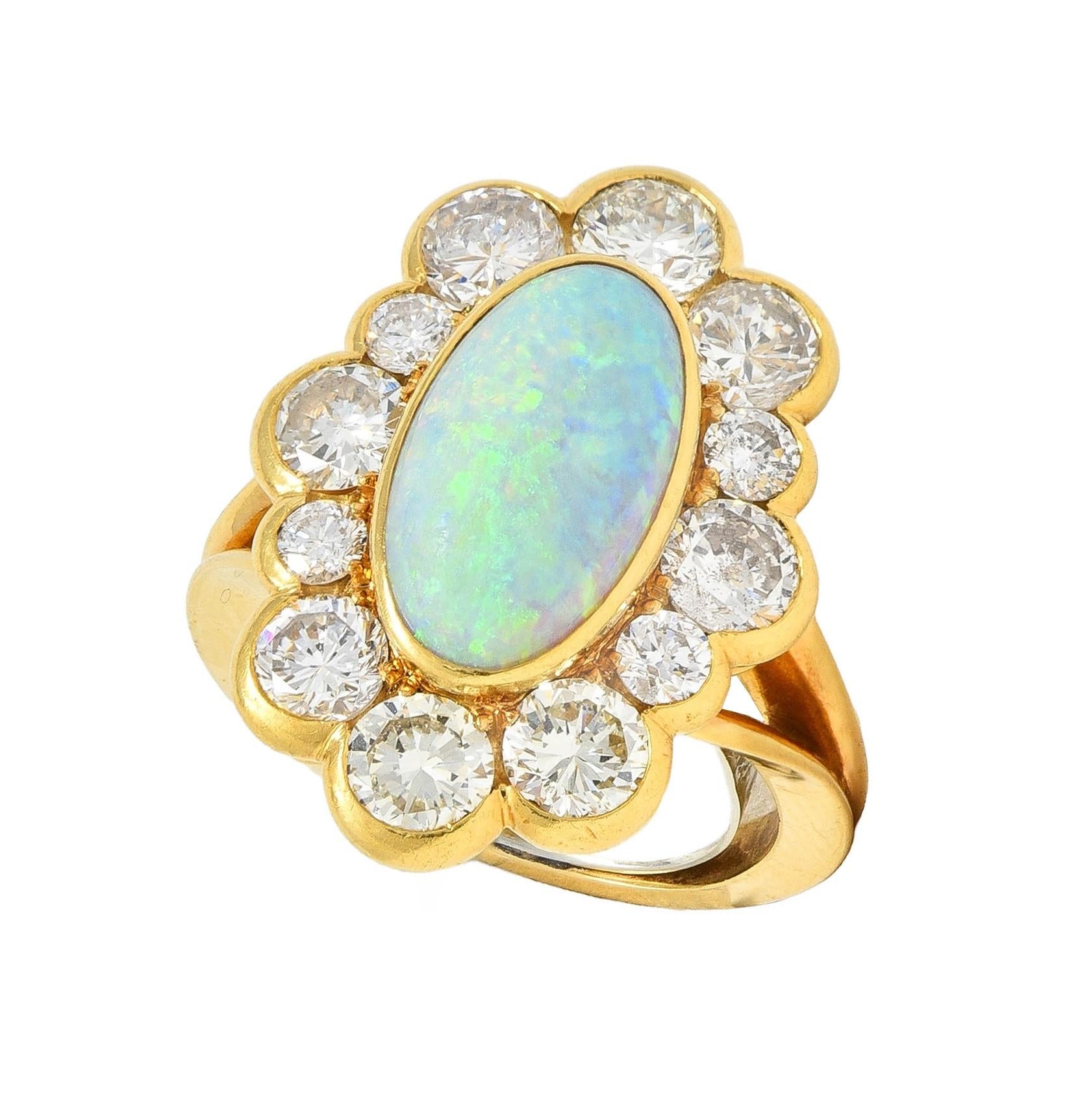 1970's 4.50 CTW Opal Diamond 18 Karat Yellow Gold Vintage Cluster Ring