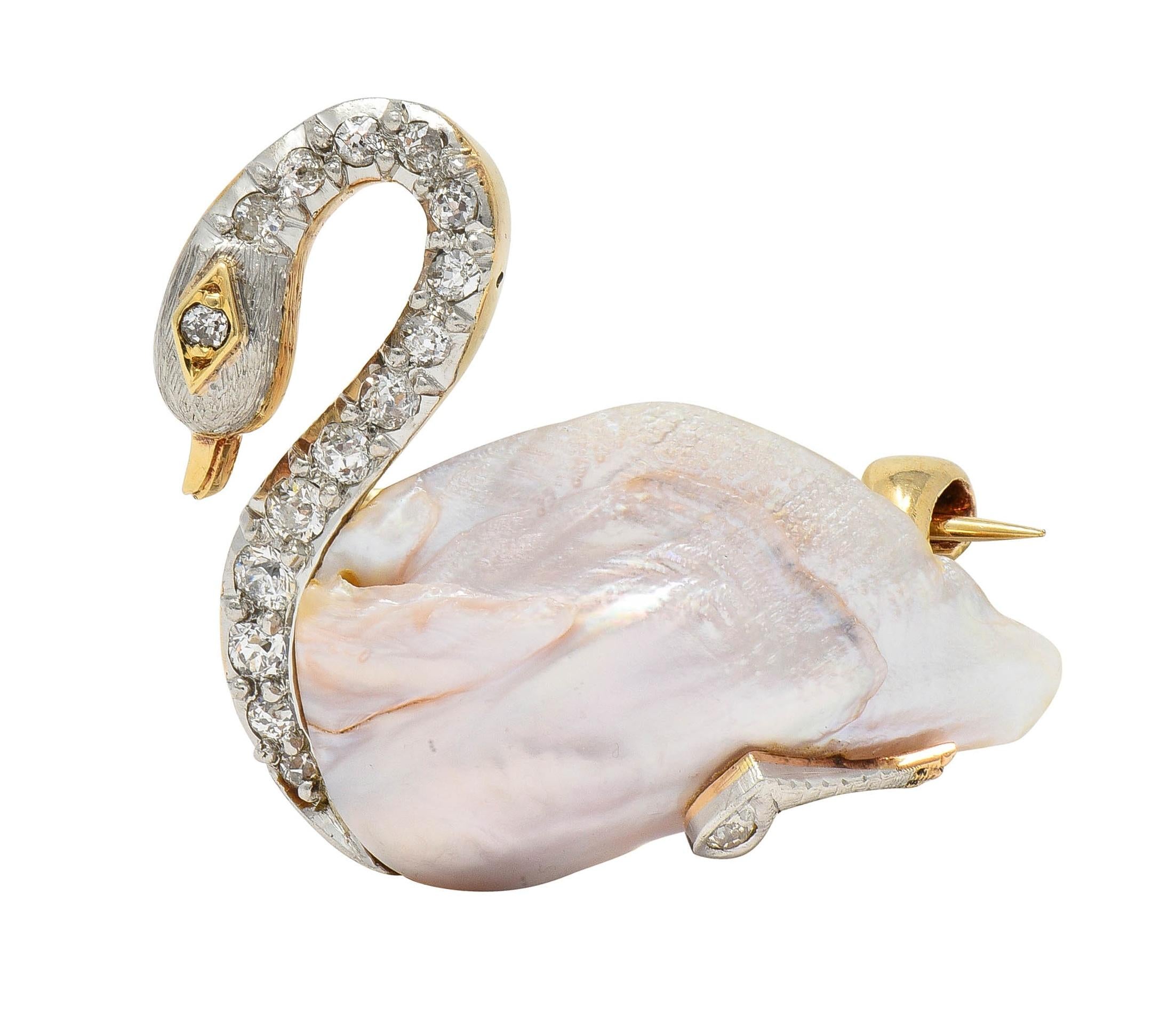 Edwardian Natural Pearl Diamond 14 Karat Gold Swan Bird Antique Brooch