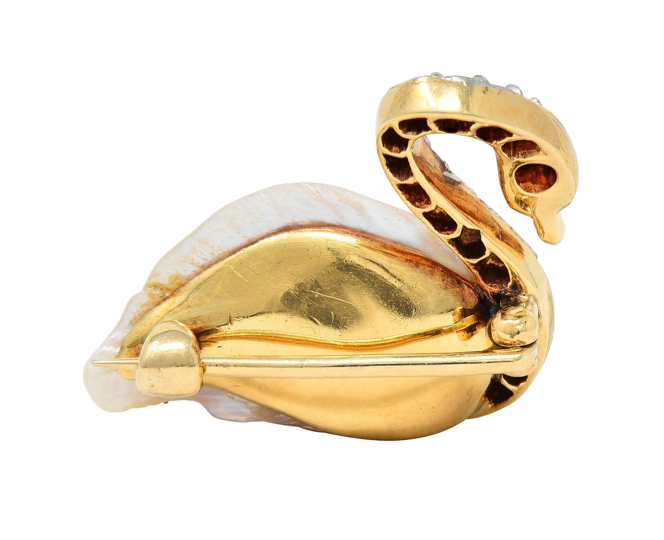 Edwardian Natural Pearl Diamond 14 Karat Gold Swan Bird Antique Brooch