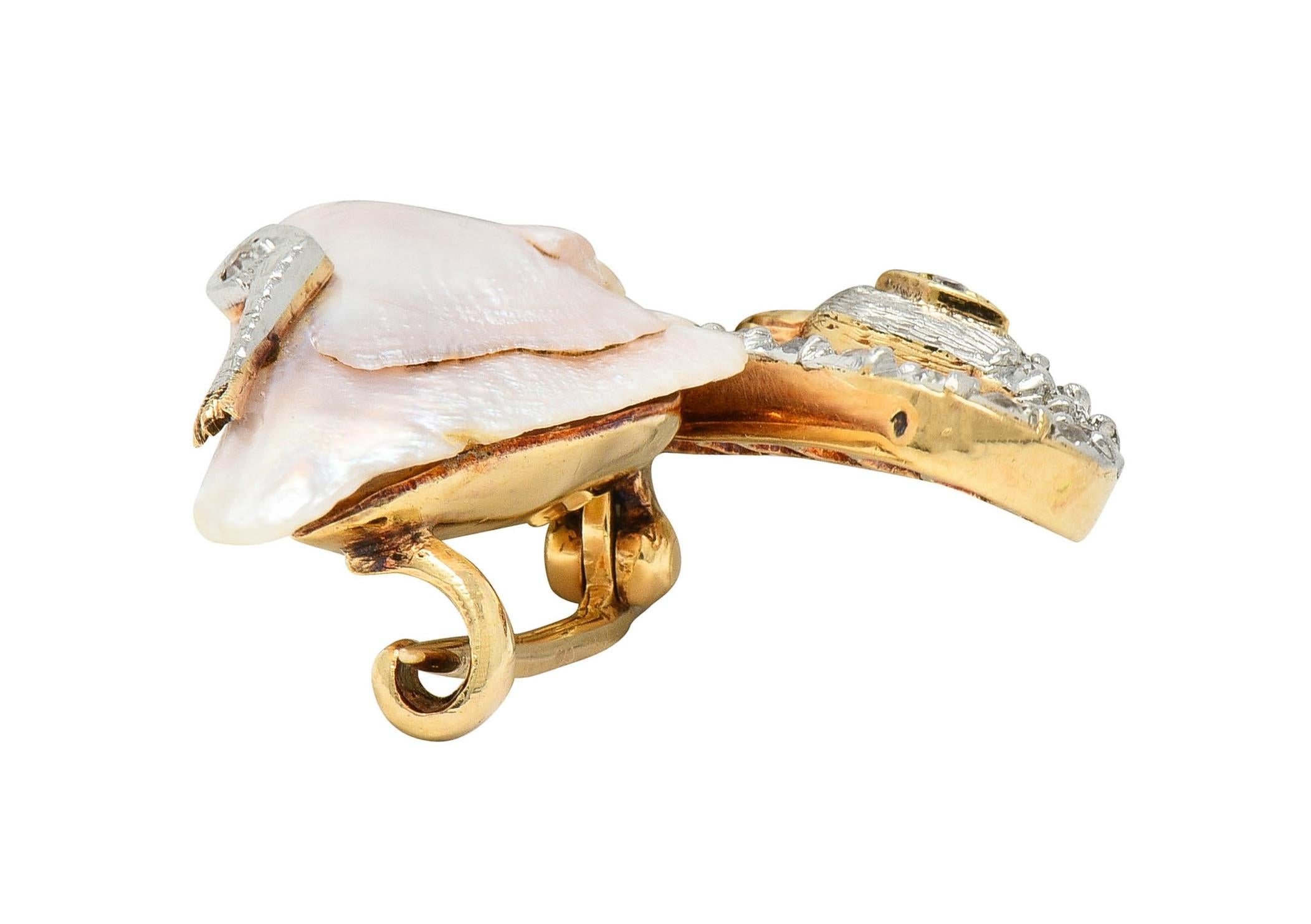 Edwardian Natural Pearl Diamond 14 Karat Gold Swan Bird Antique Brooch