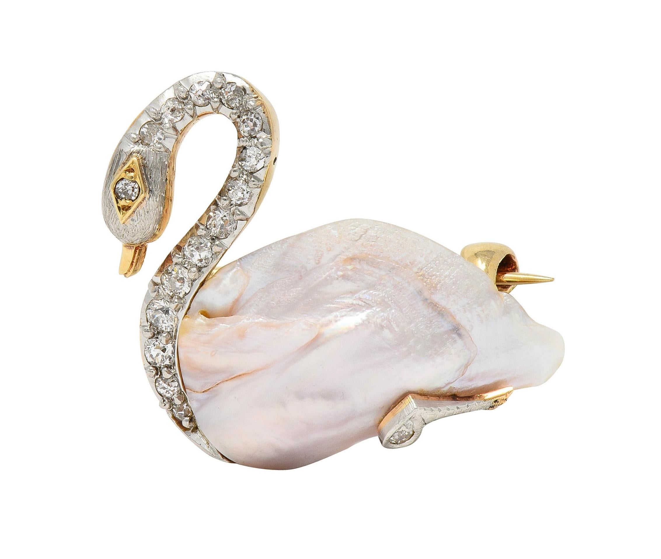 Edwardian Natural Pearl Diamond 14 Karat Gold Swan Bird Antique Brooch