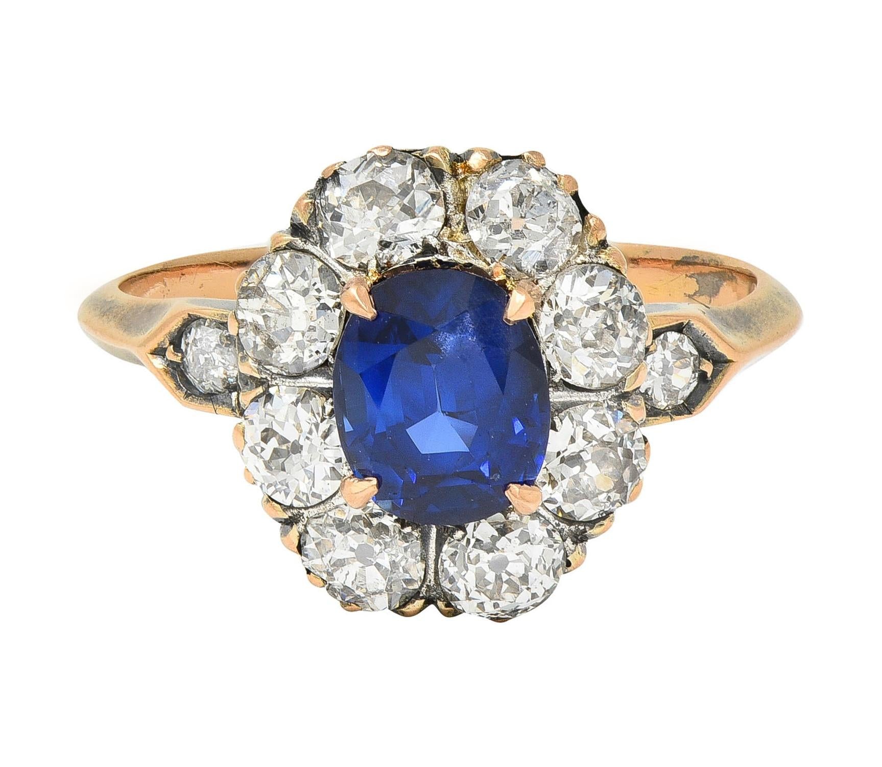 Victorian 2.18 CTW No Heat Burma Sapphire Diamond 18 Karat Rose Gold Halo Ring