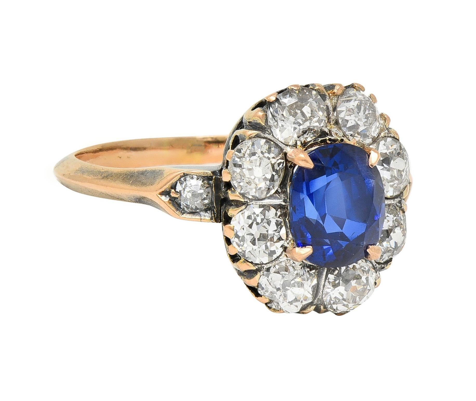 Victorian 2.18 CTW No Heat Burma Sapphire Diamond 18 Karat Rose Gold Halo Ring