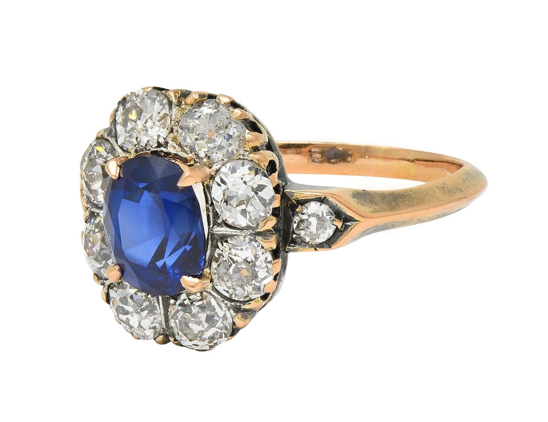 Victorian 2.18 CTW No Heat Burma Sapphire Diamond 18 Karat Rose Gold Halo Ring