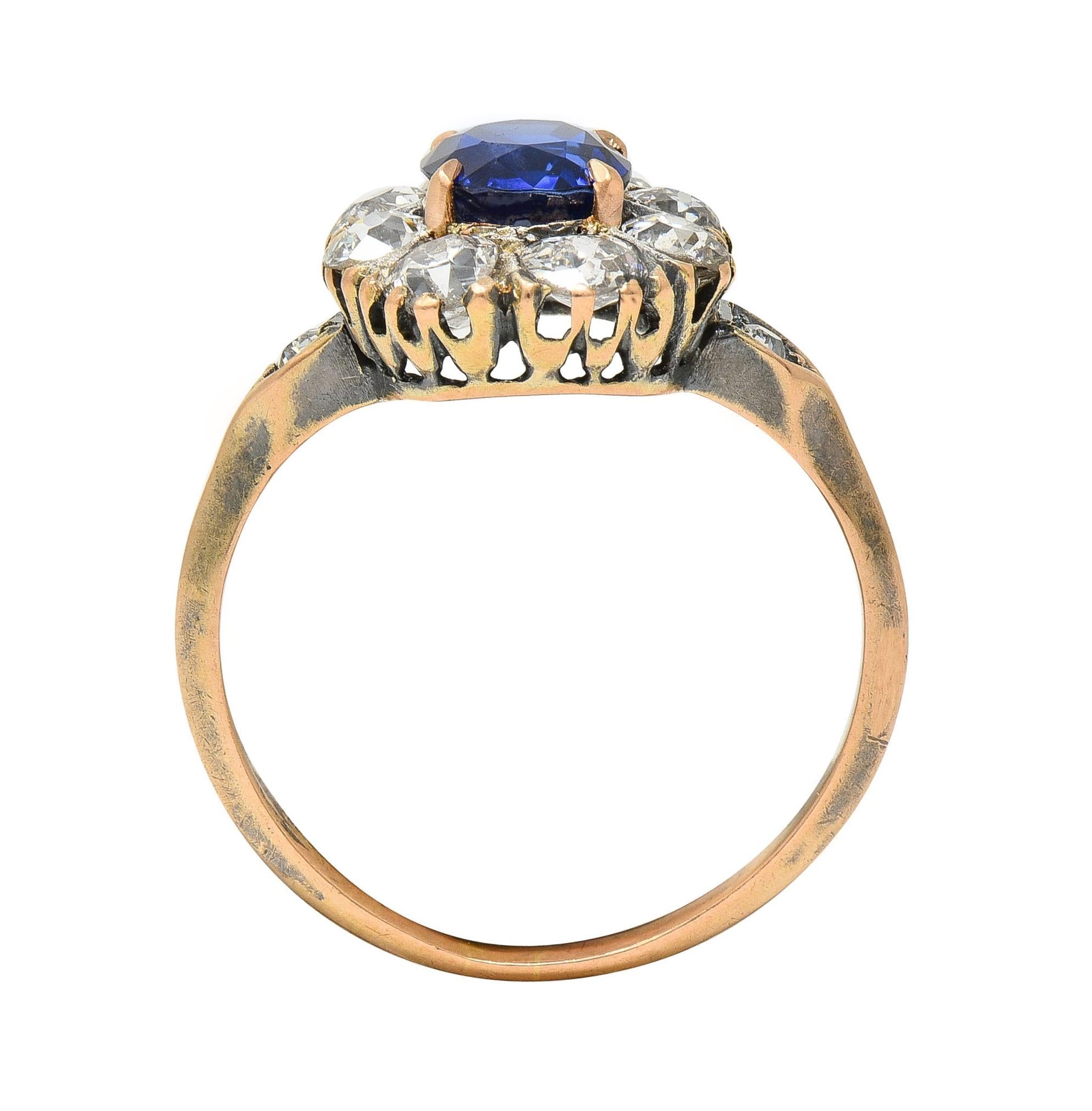 Victorian 2.18 CTW No Heat Burma Sapphire Diamond 18 Karat Rose Gold Halo Ring