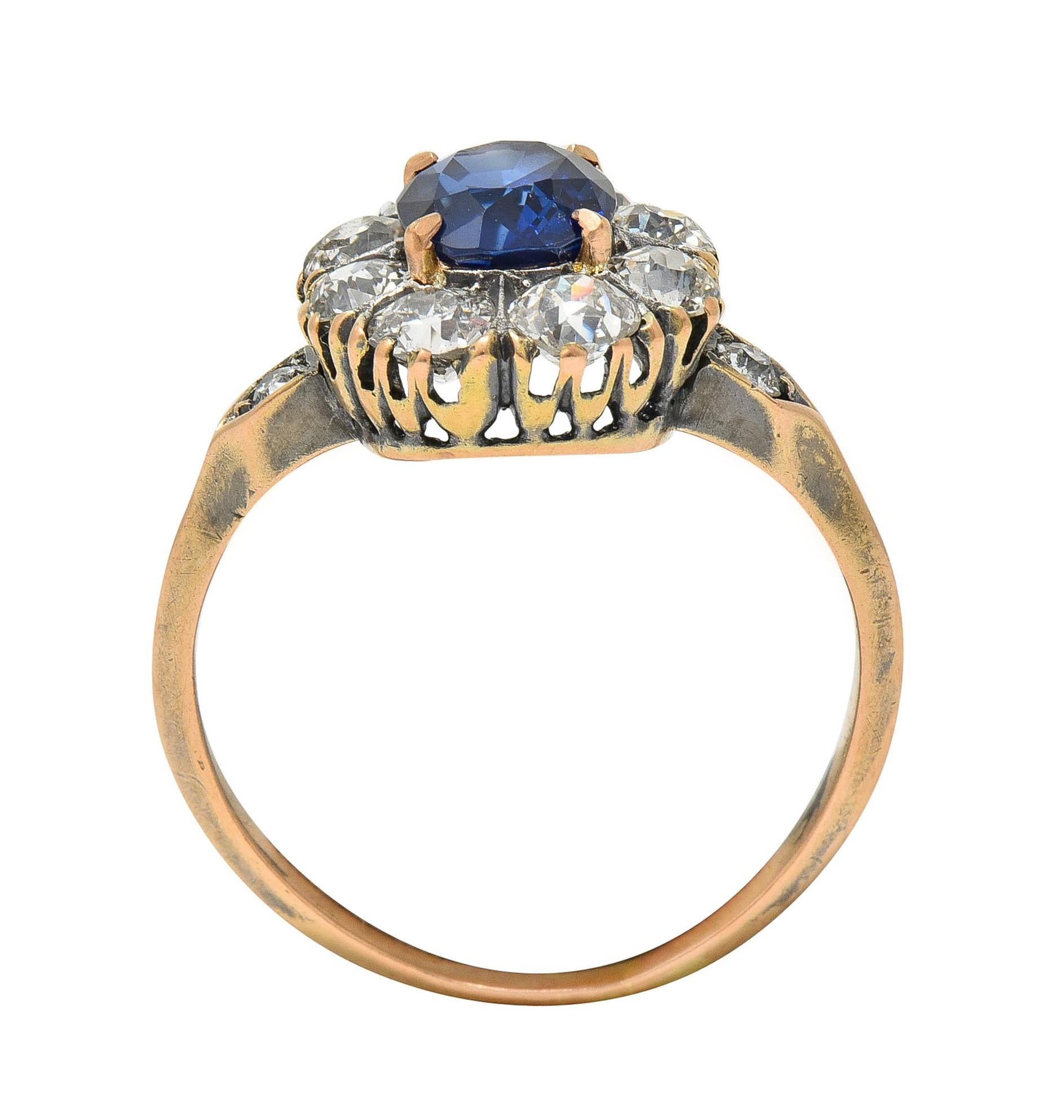 Victorian 2.18 CTW No Heat Burma Sapphire Diamond 18 Karat Rose Gold Halo Ring