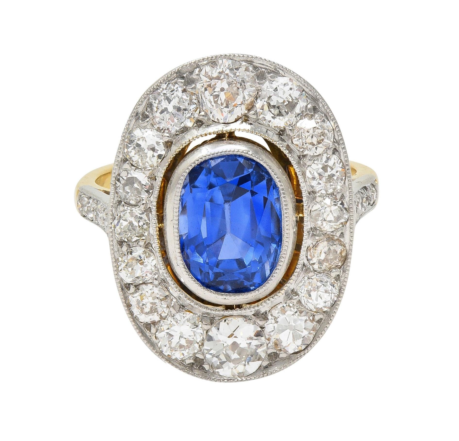 French Edwardian No Heat Ceylon Sapphire Diamond Platinum 18K Gold Antique Ring