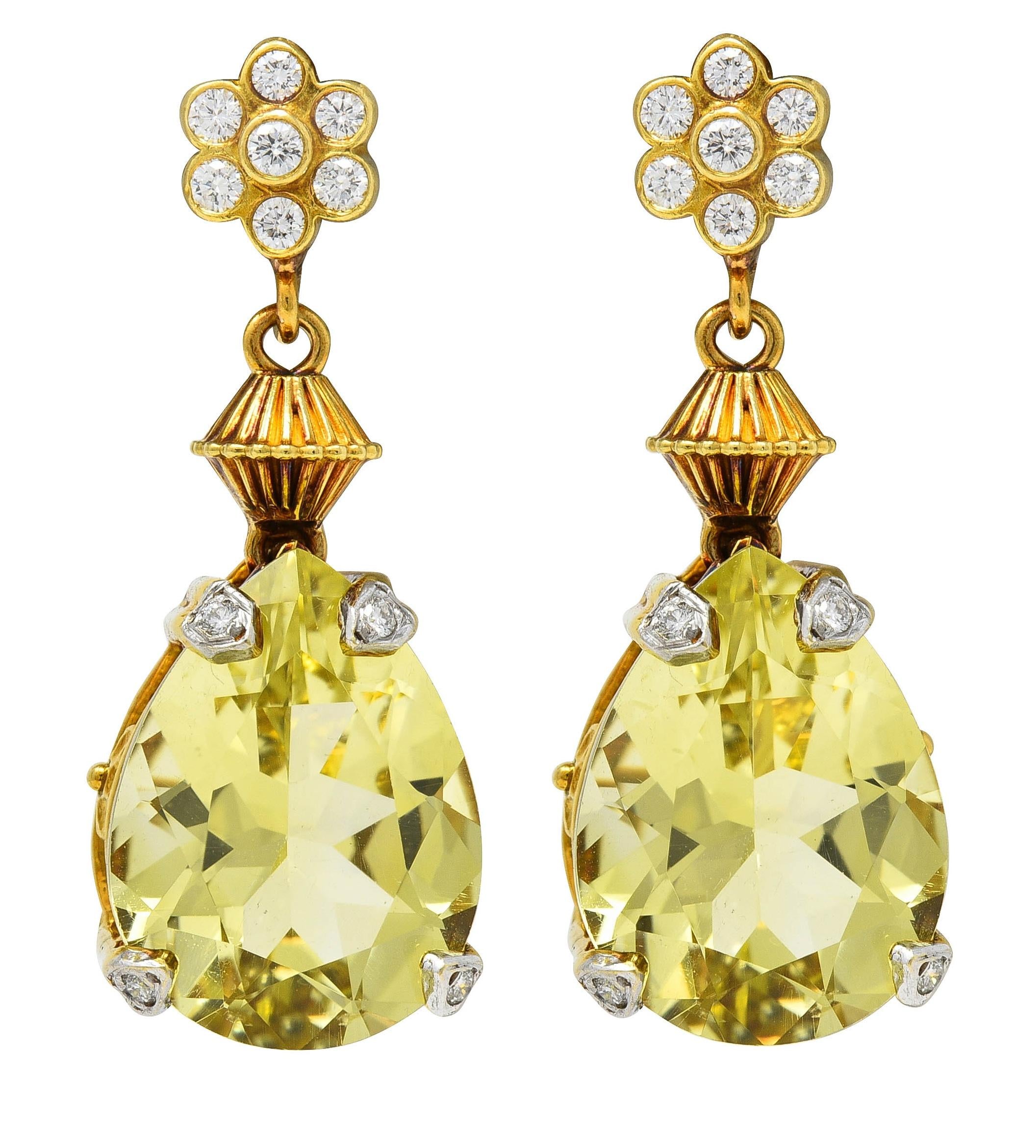 SeidenGang 1990's Lemon Quartz Diamond 18K Two-Tone Gold Vintage Drop Earrings