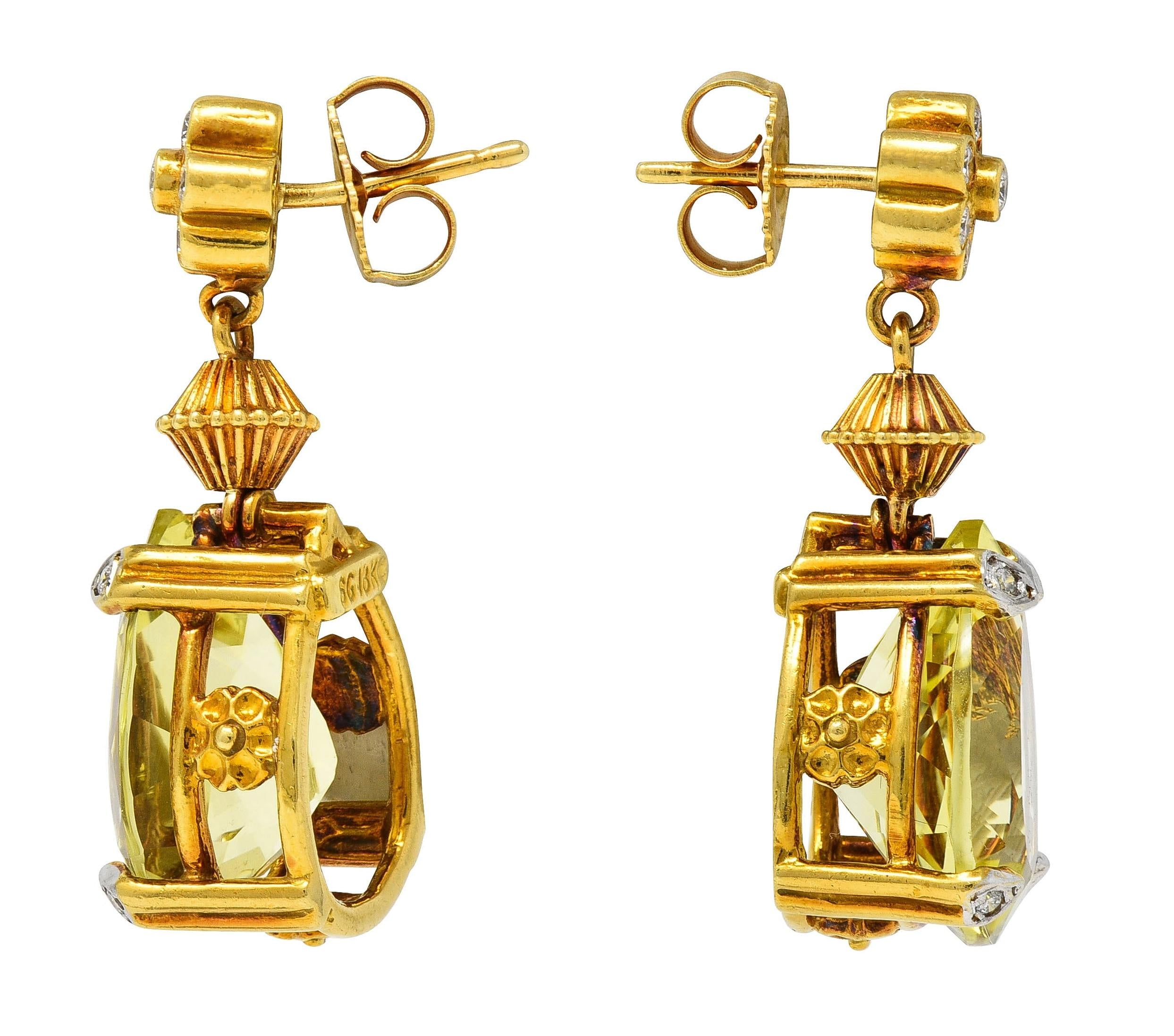 SeidenGang 1990's Lemon Quartz Diamond 18K Two-Tone Gold Vintage Drop Earrings