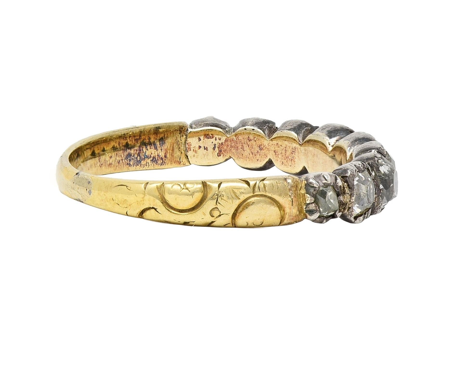 Late Georgian Old Mine Cut Diamond Silver-Topped 14 Karat Gold Antique Band Ring