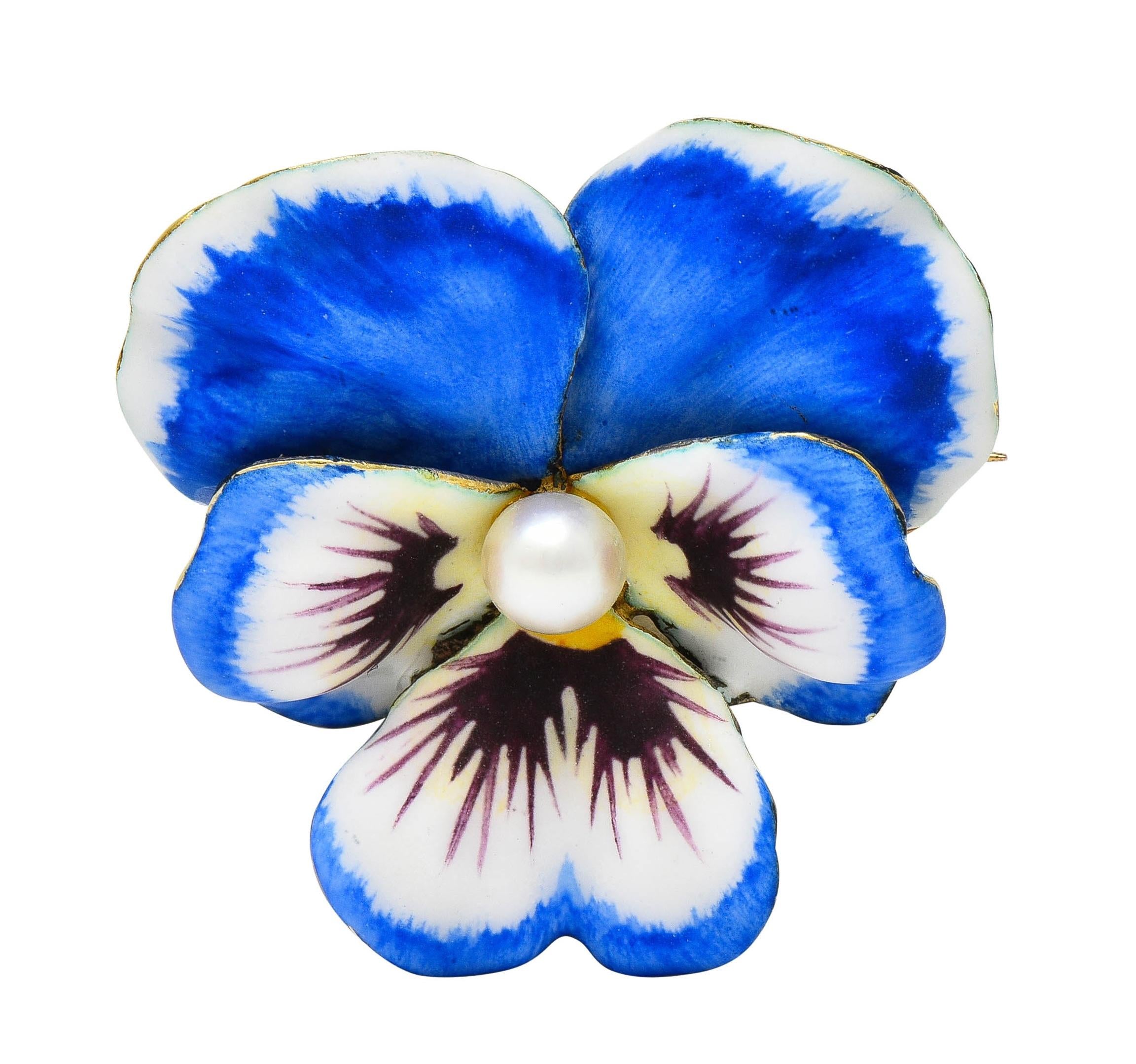 Henry Blank & Co. Art Nouveau Enamel Pearl 14 Karat Gold Antique Pansy Brooch