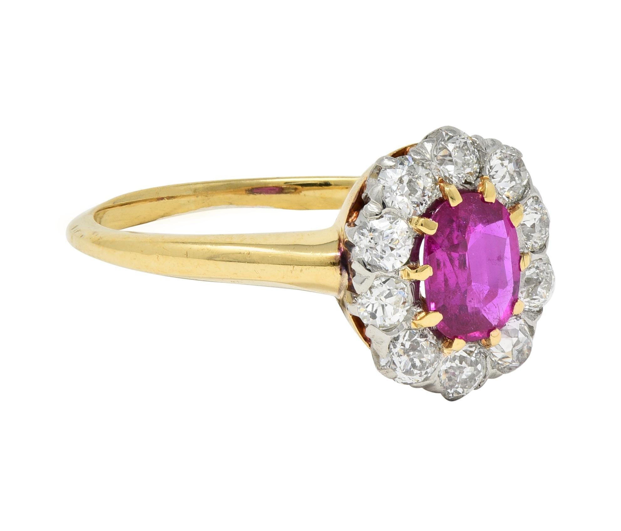 Edwardian No Heat Burma Ruby Diamond Platinum 18 Karat Gold Antique Halo Ring