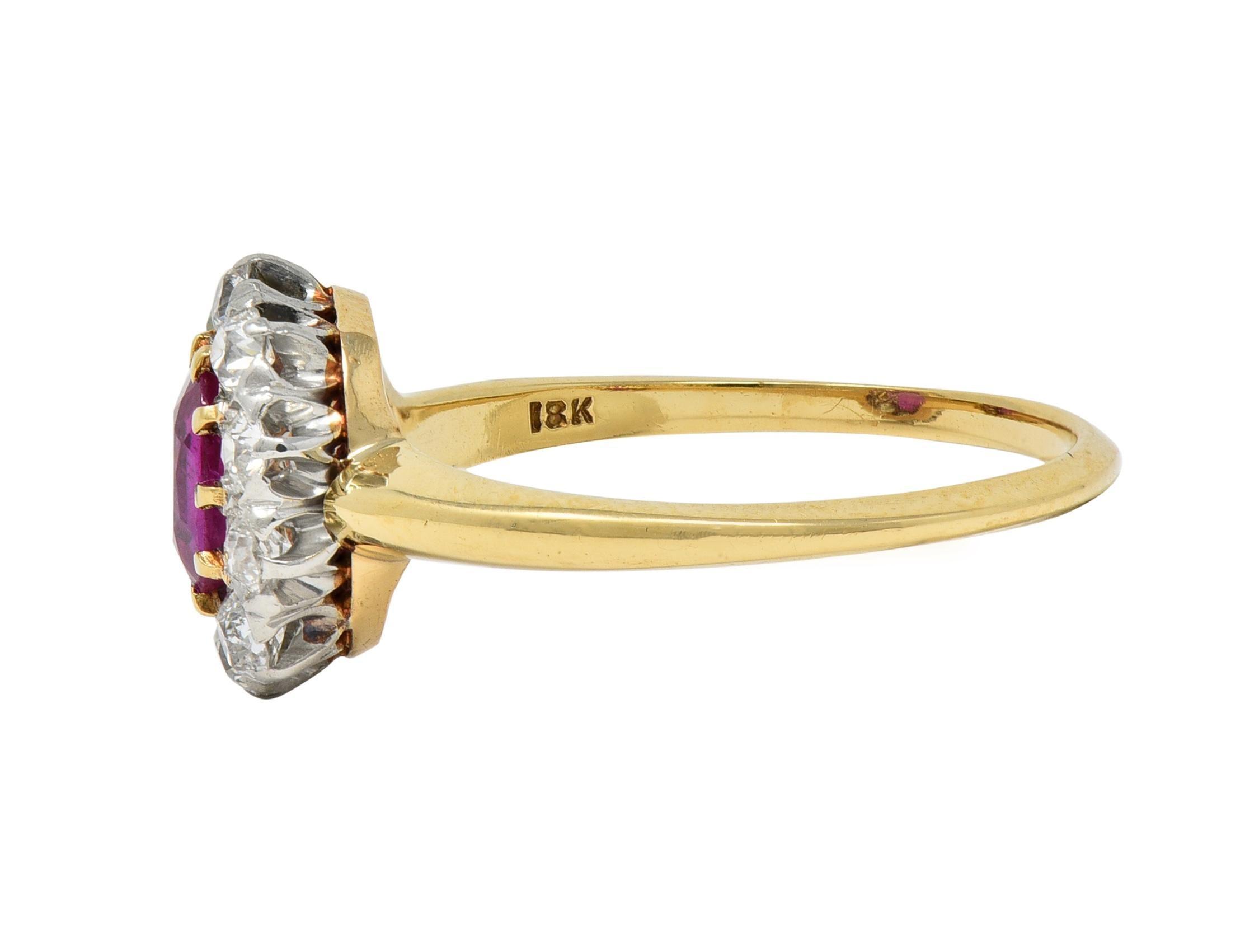 Edwardian No Heat Burma Ruby Diamond Platinum 18 Karat Gold Antique Halo Ring