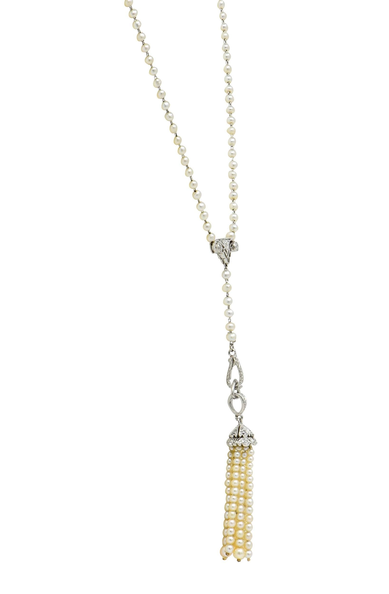 Early Art Deco Pearl Diamond Platinum Antique Lavalier Tassel Pendant Necklace