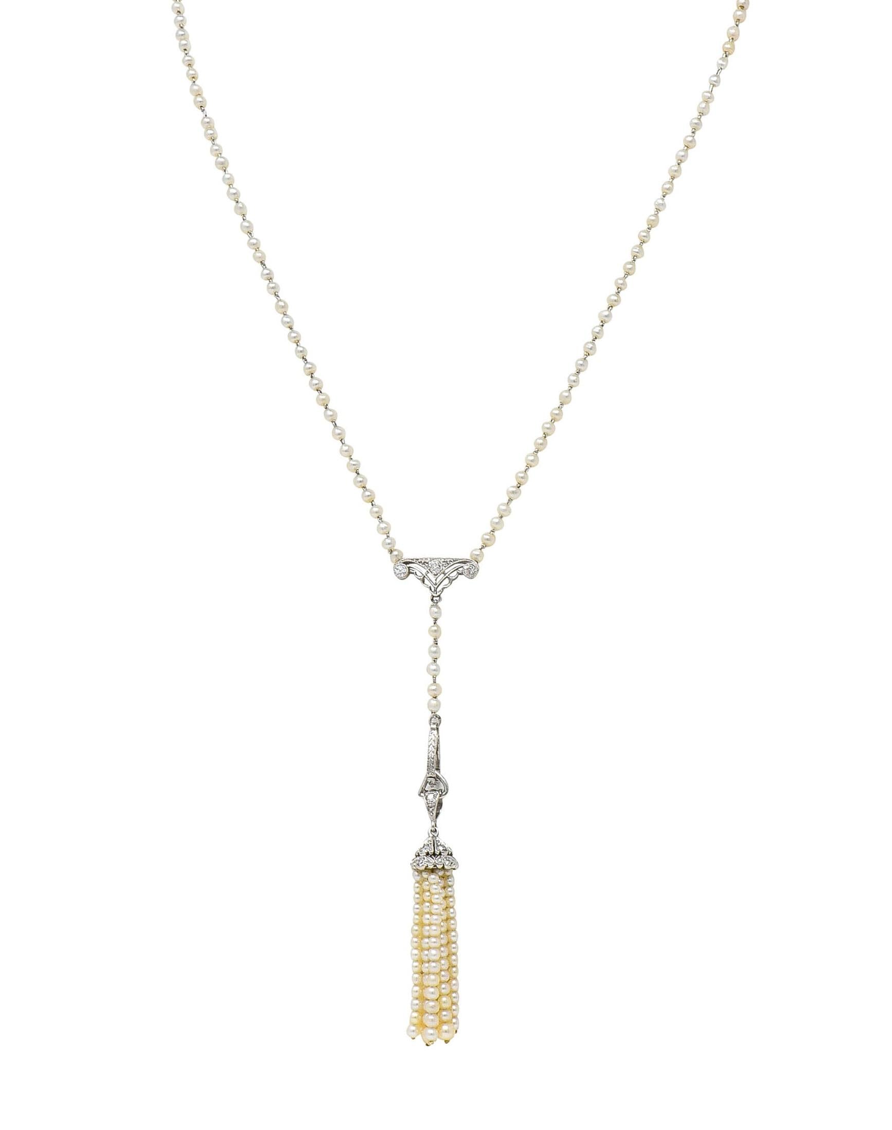 Early Art Deco Pearl Diamond Platinum Antique Lavalier Tassel Pendant Necklace