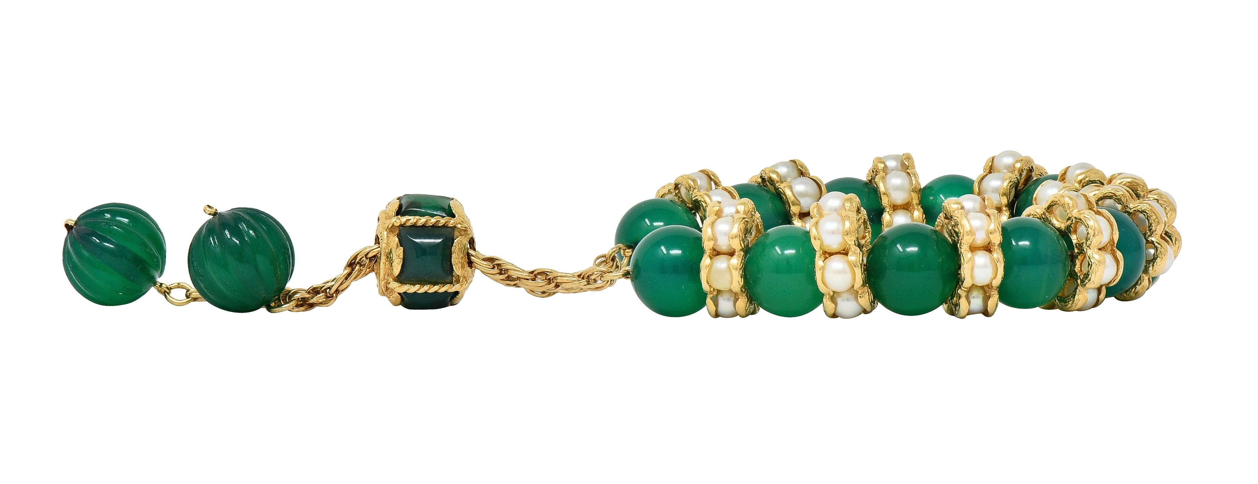 1970's Chrysoprase Pearl 14 Karat Yellow Gold Vintage Beaded Slide Bracelet