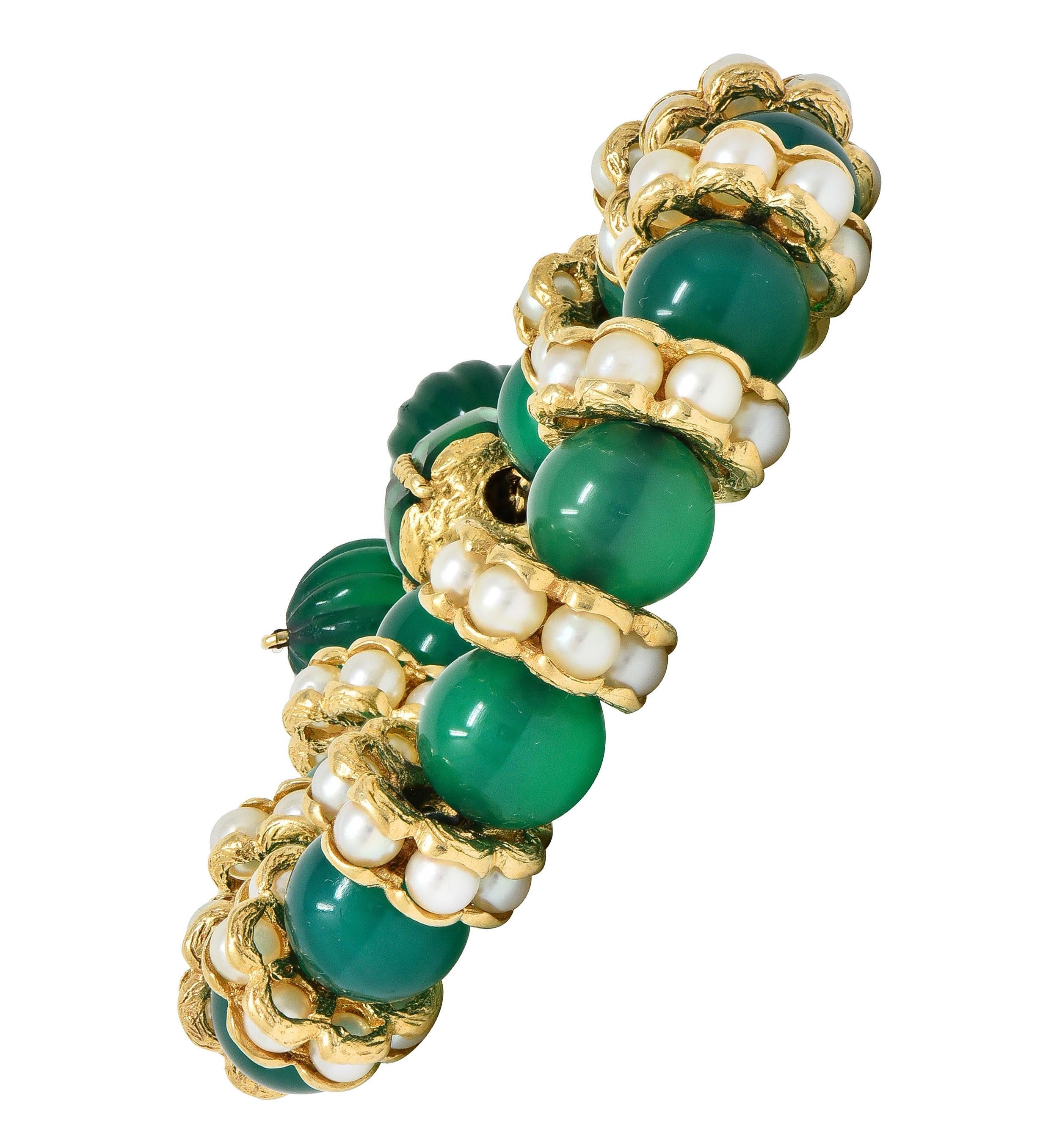 1970's Chrysoprase Pearl 14 Karat Yellow Gold Vintage Beaded Slide Bracelet